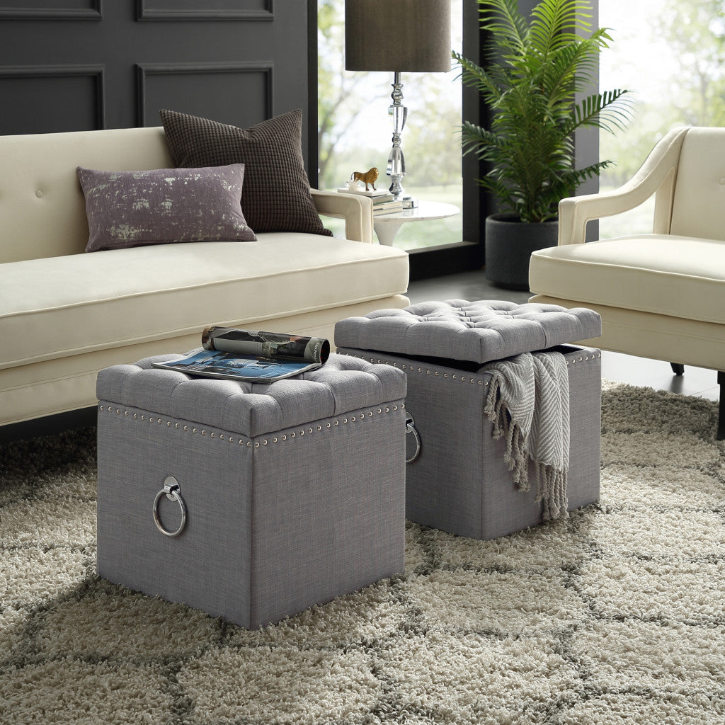 18" Light Gray Linen And Black Tufted Storage