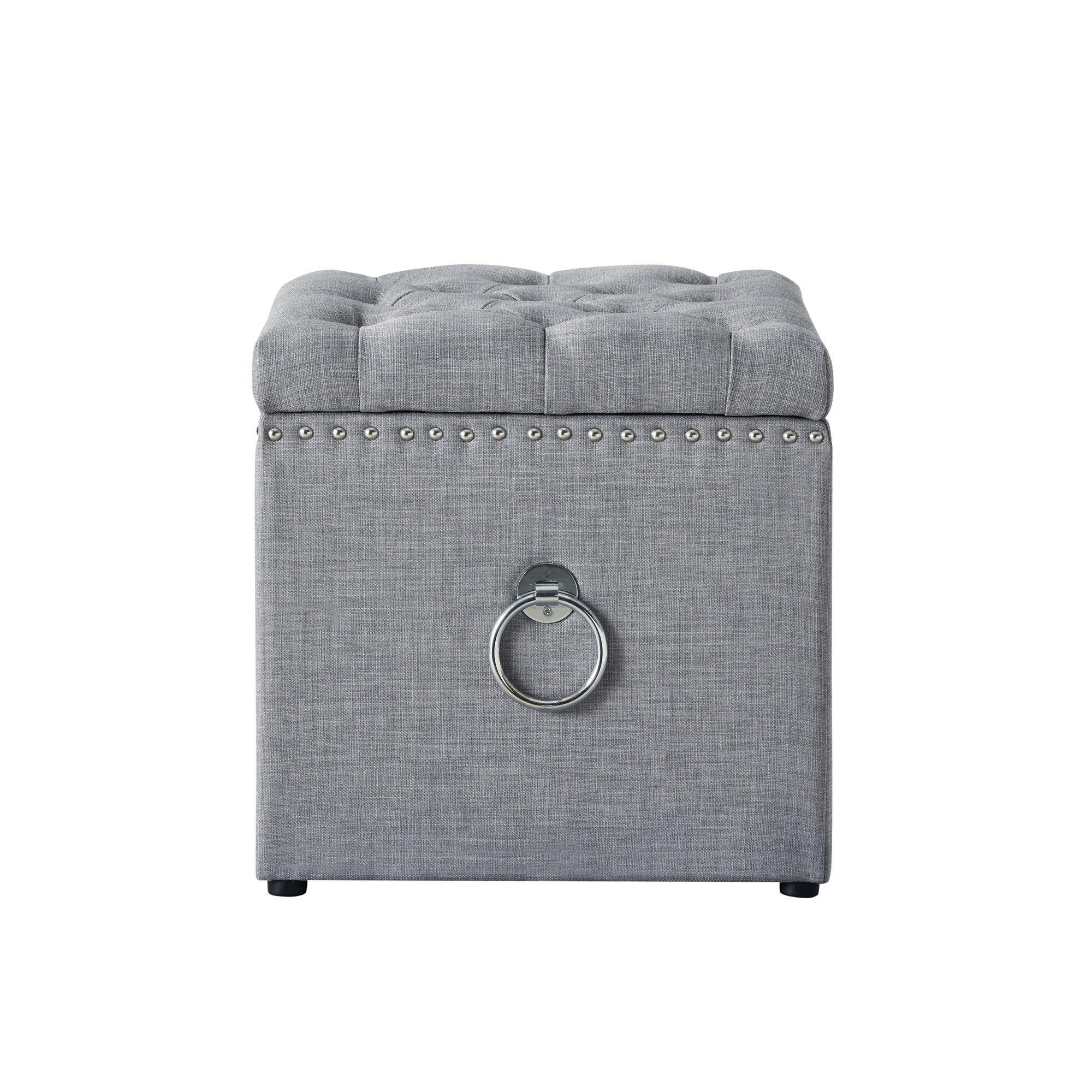 18" Light Gray Linen And Black Tufted Storage
