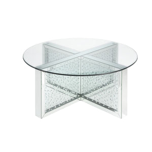 Mesa de centro con base brillante y parte superior redonda plateada y de vidrio transparente de 40"