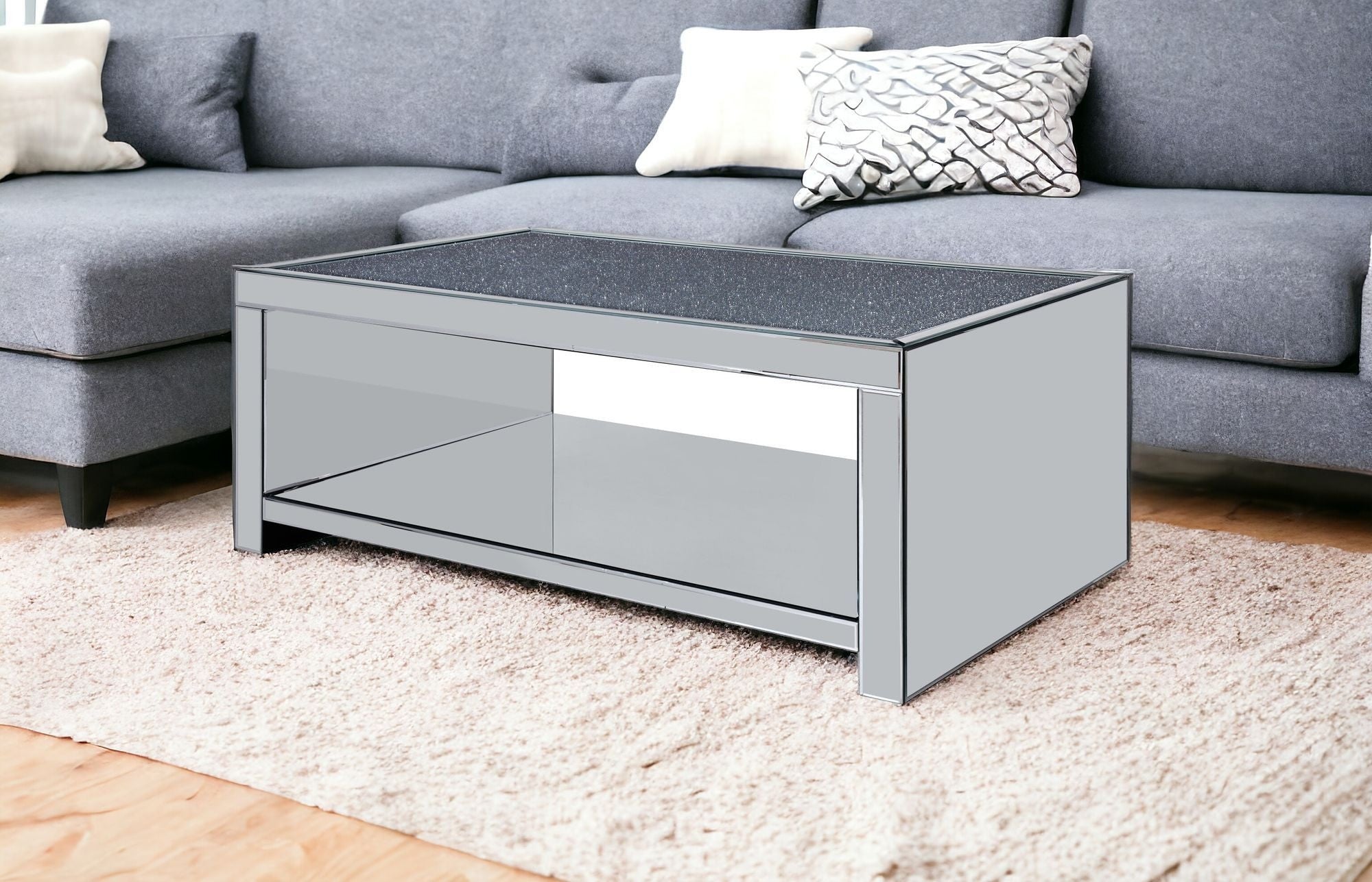 48" Mirrored Mirrored And Manufactured Wood Rectangular Mirrored Coffee Table With Shelf