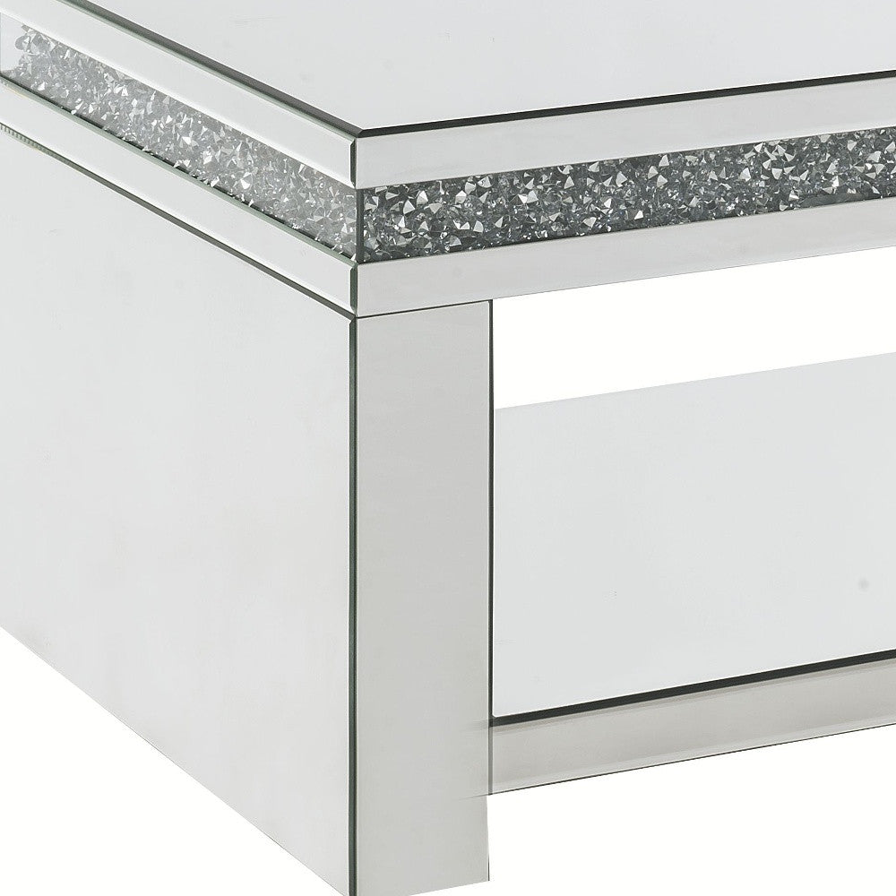 Mesa de centro con espejo rectangular brillante de 32" de vidrio plateado y transparente