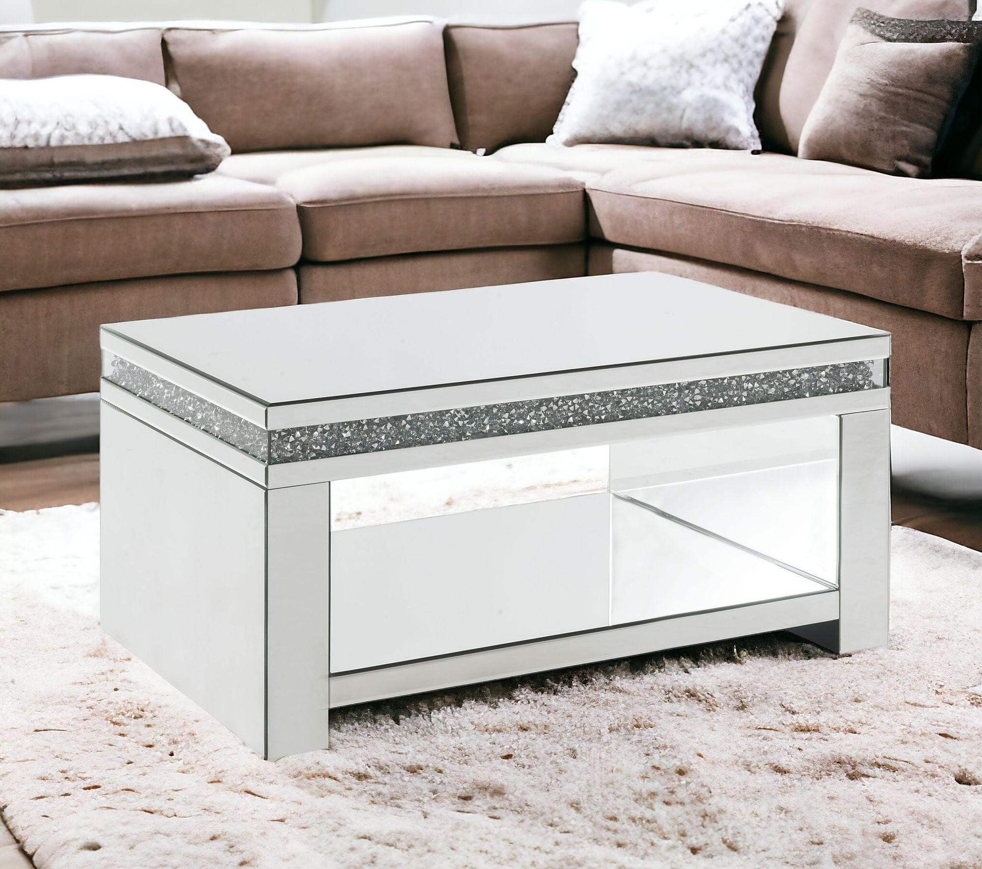 Mesa de centro con espejo rectangular brillante de 32" de vidrio plateado y transparente