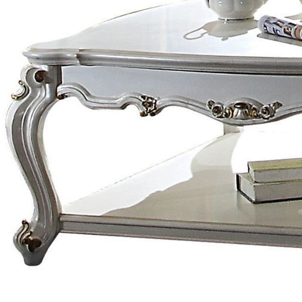 Mesa de centro rectangular de madera maciza de perla antigua de 47" y polirresina con estante