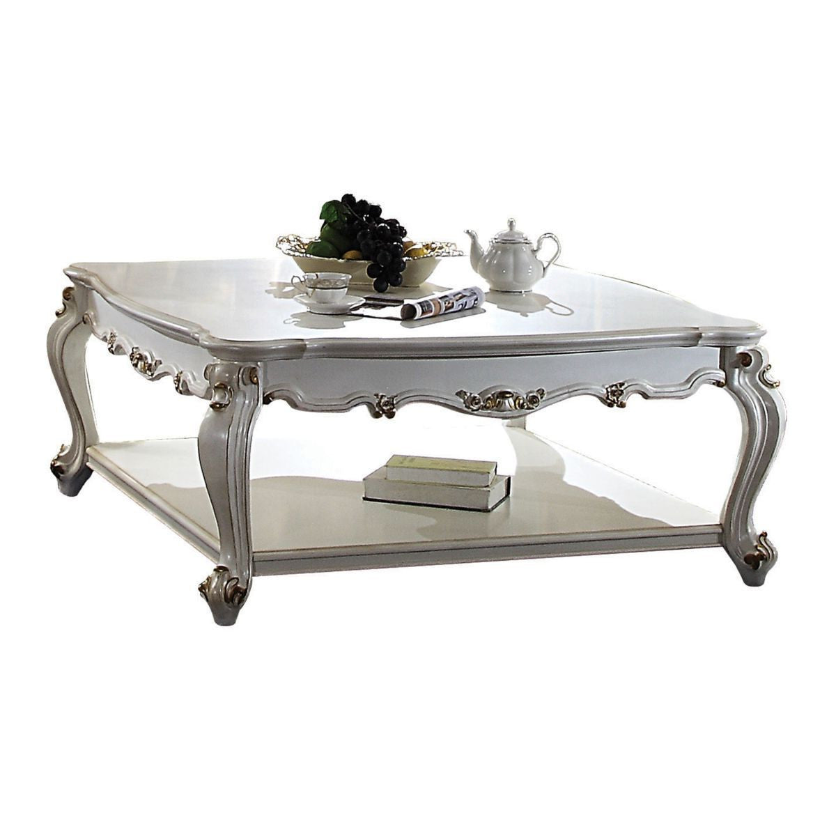 Mesa de centro rectangular de madera maciza de perla antigua de 47" y polirresina con estante