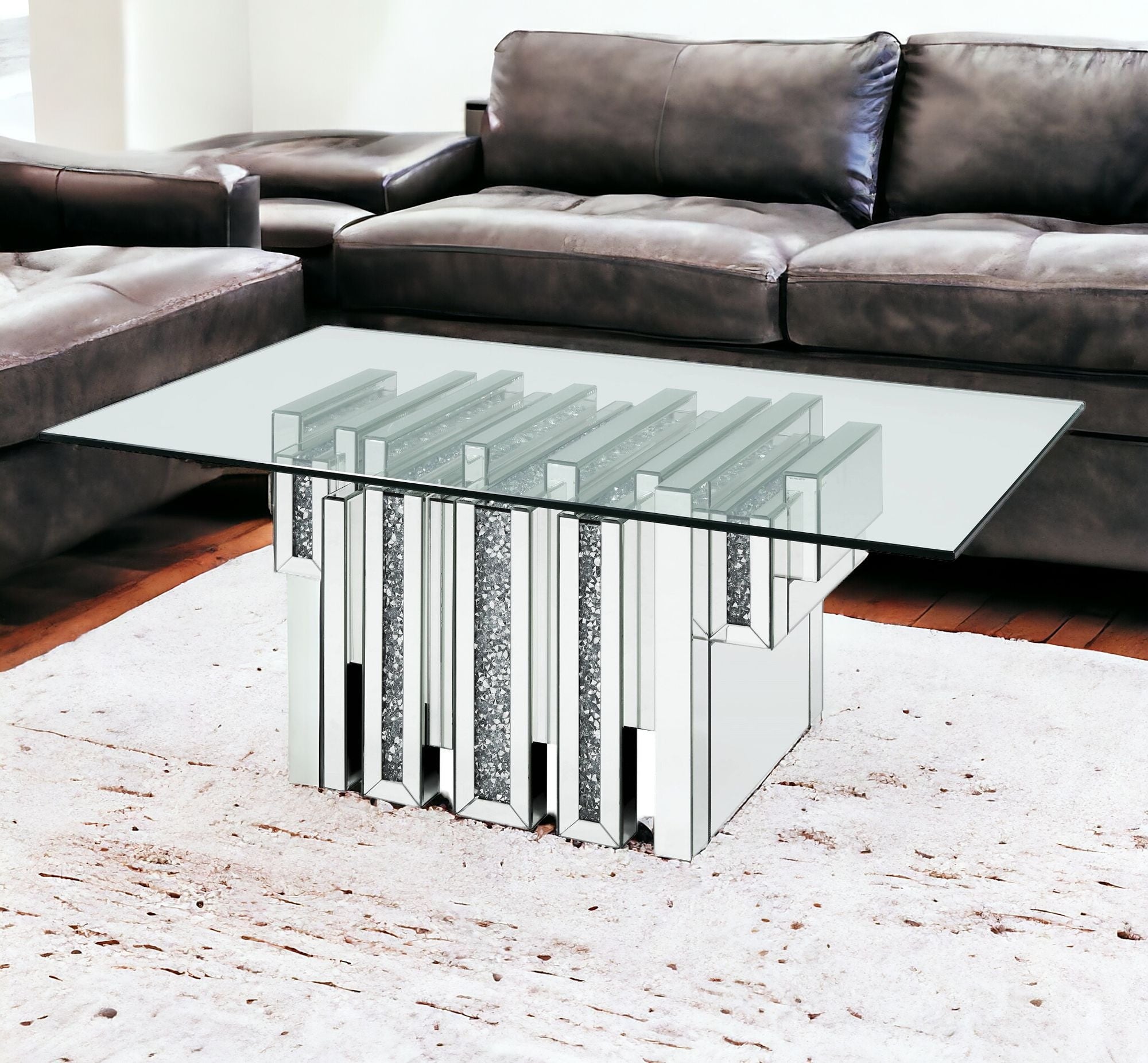 Mesa de centro rectangular con espejo de vidrio transparente y espejo de 47" y madera manufacturada