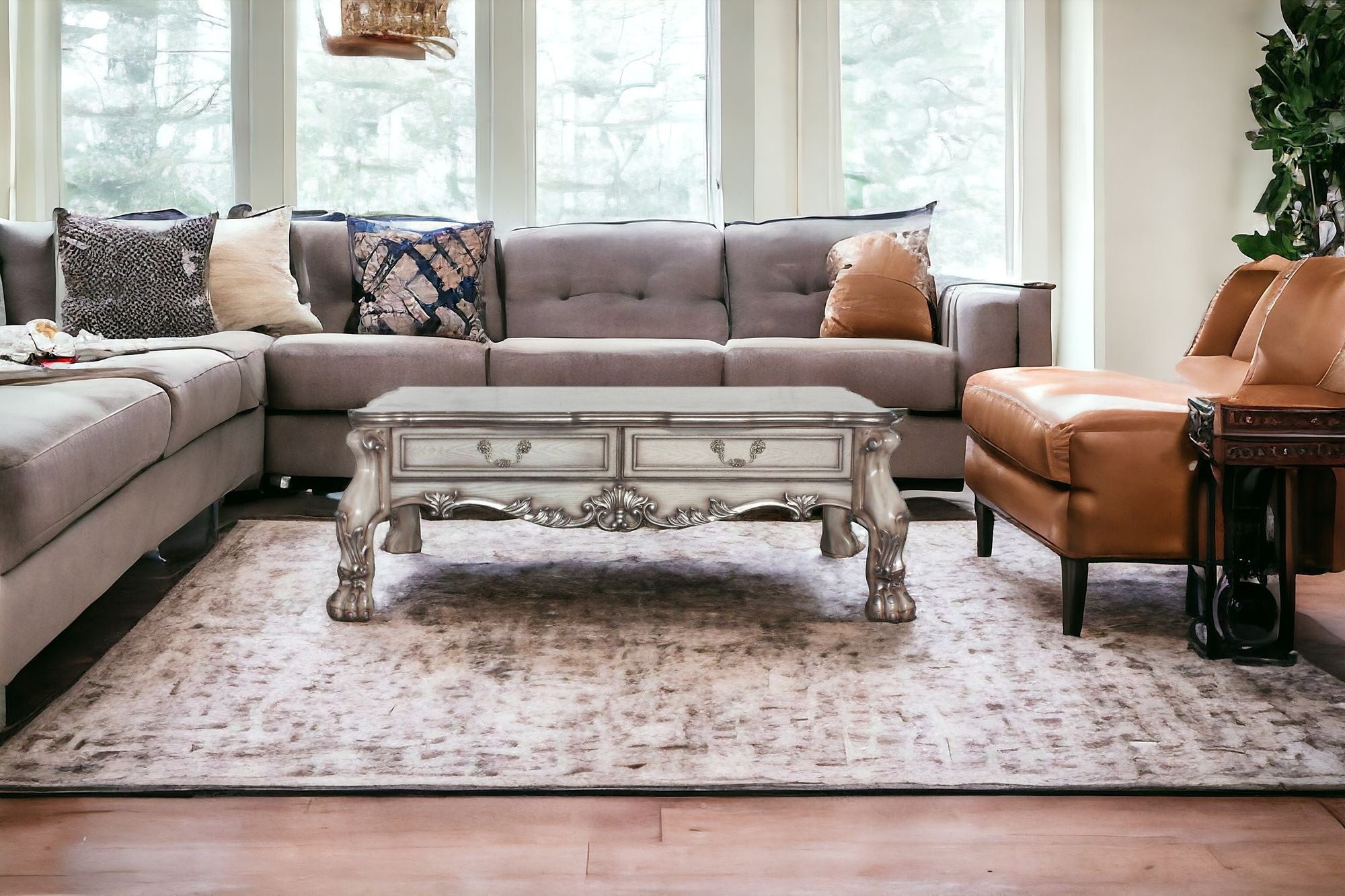 57" Vintage Bone White Solid Wood And Polyresin Rectangular Coffee Table With Two Drawers