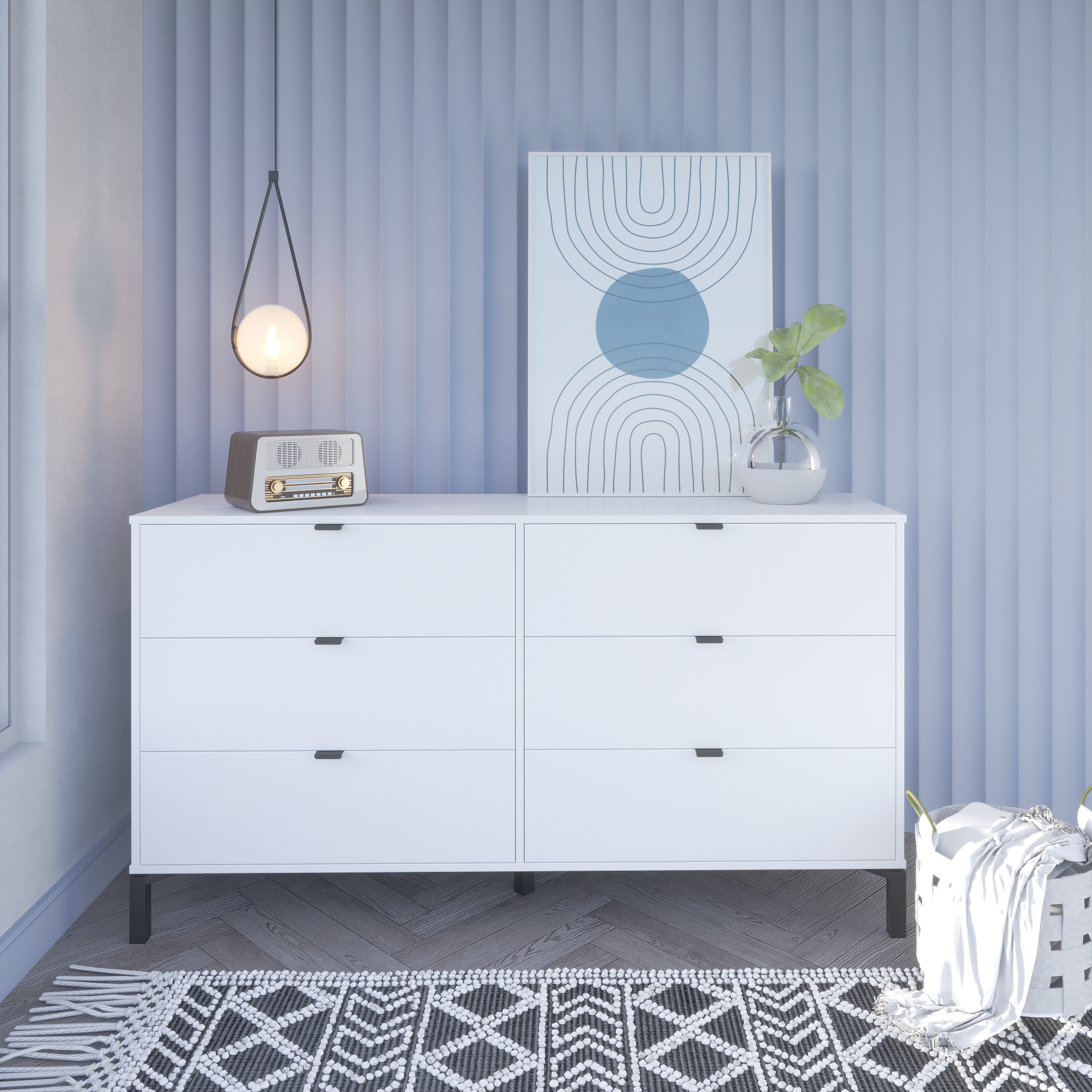 White and Black Six Drawer Double Dresser 59"