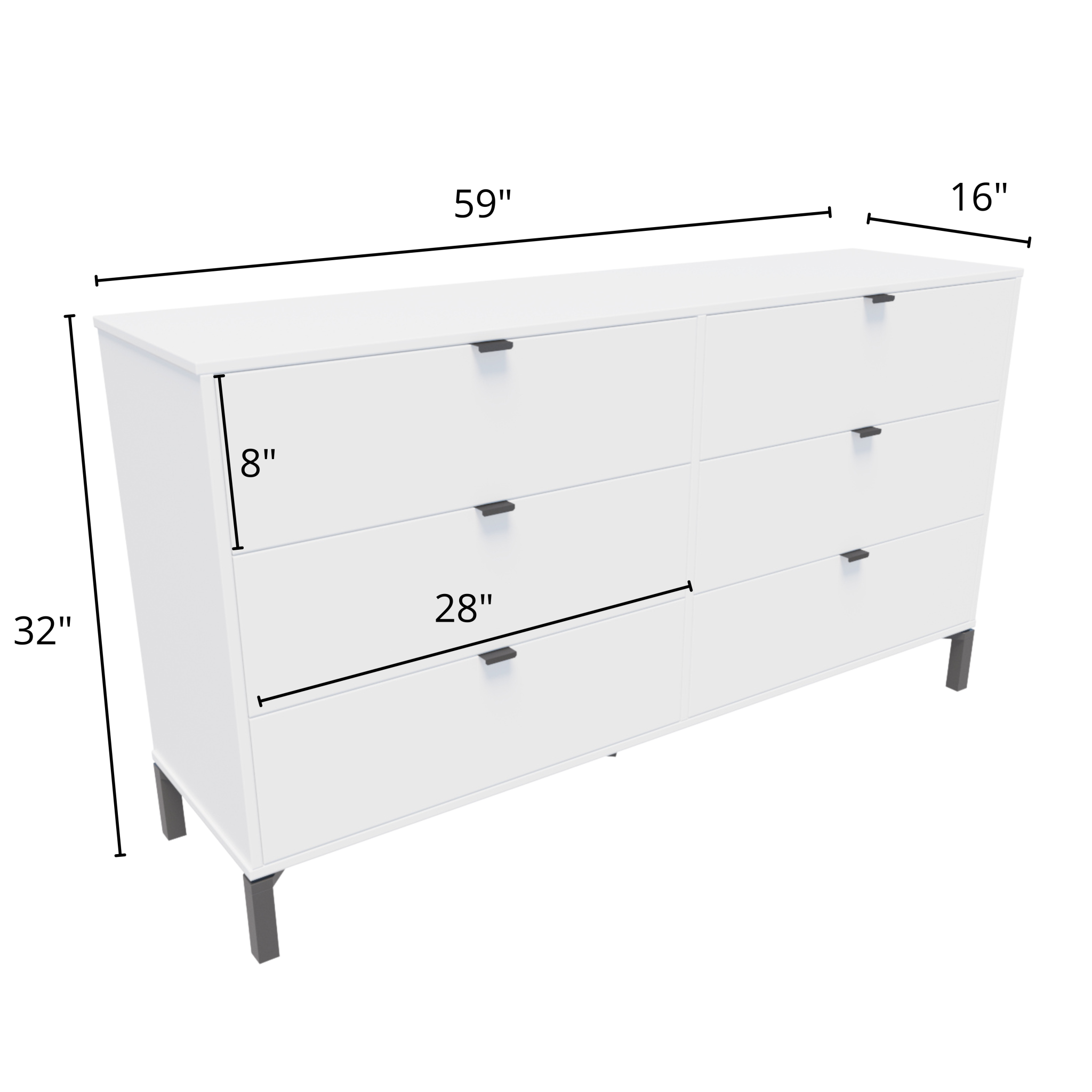 White and Black Six Drawer Double Dresser 59"
