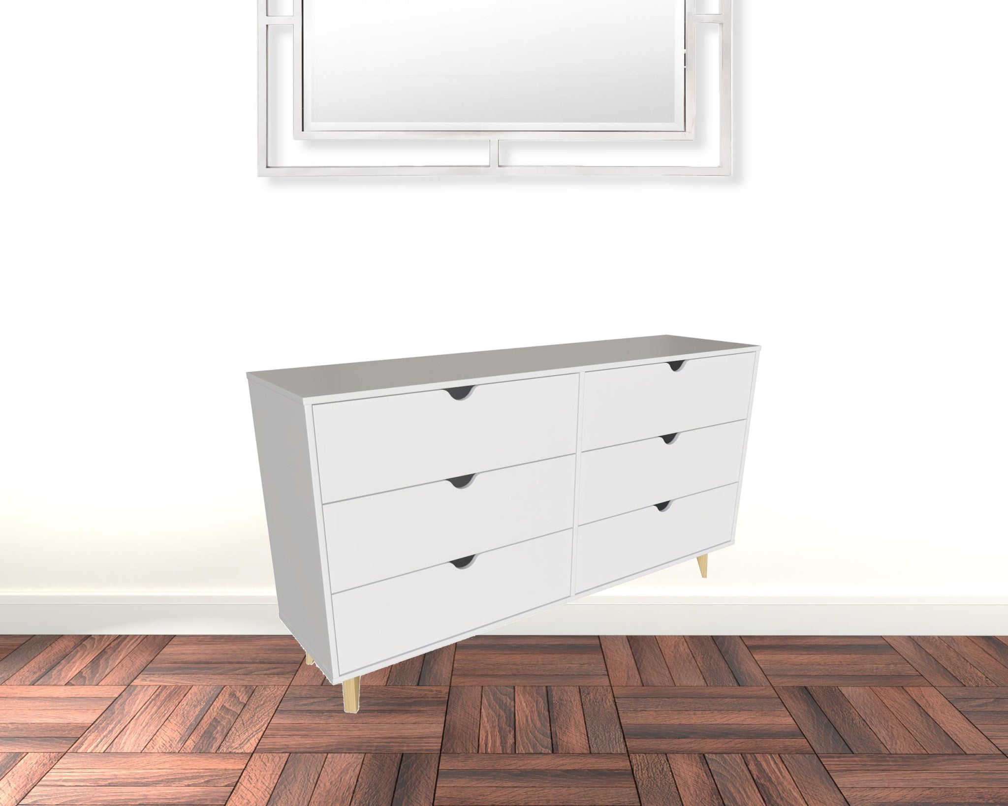 59" White Scoop Handle Six Drawer Double Dresser