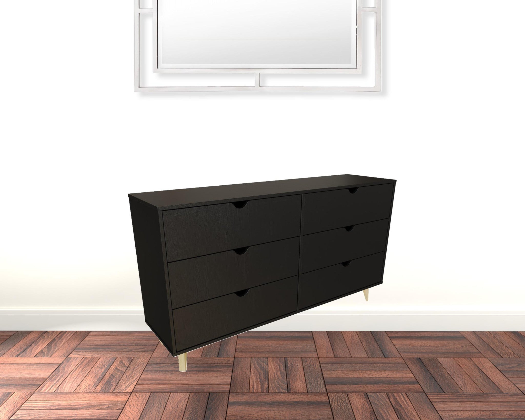 59" Black Scoop Handle Six Drawer Double Dresser