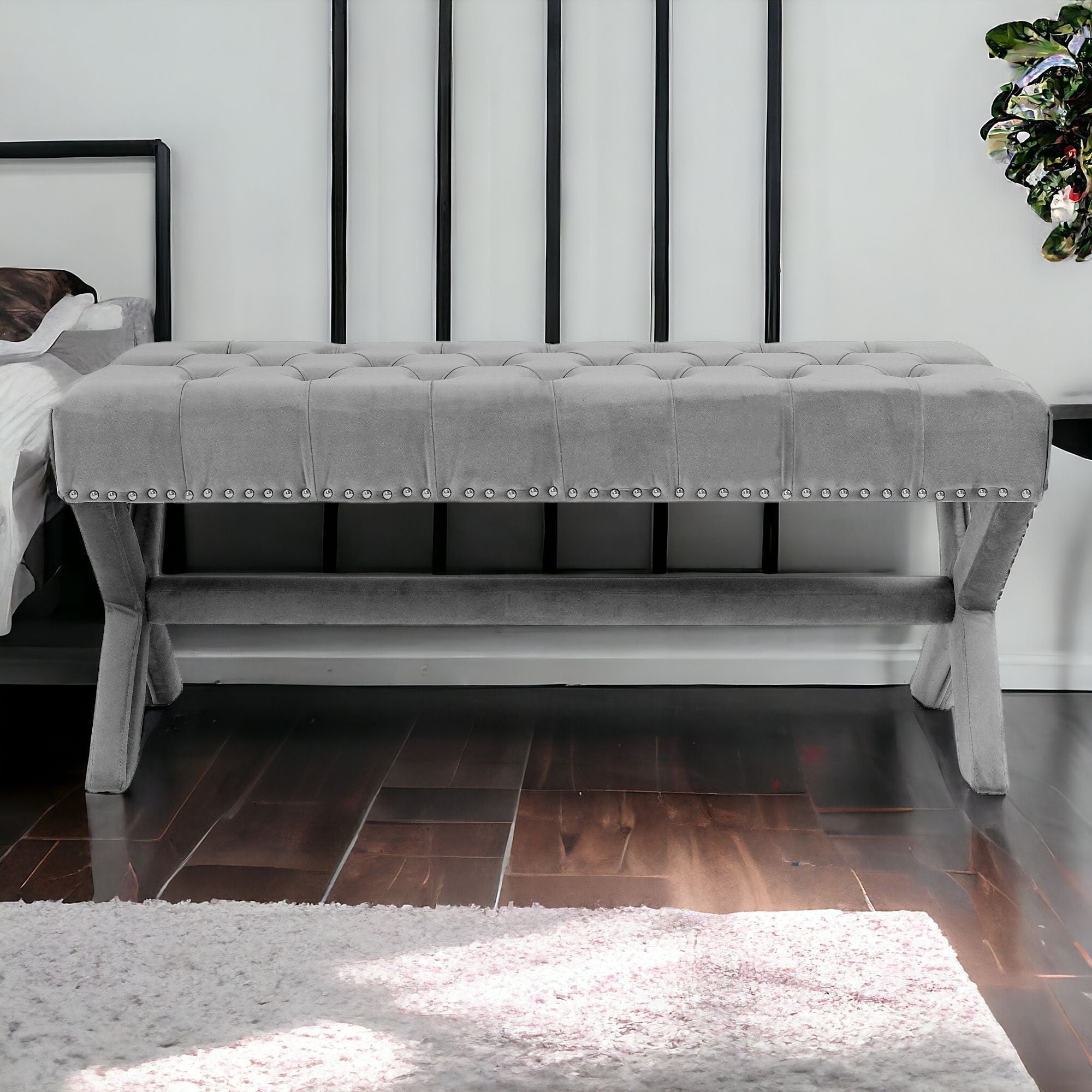 20" Gray Upholstered Velvet Bedroom Bench