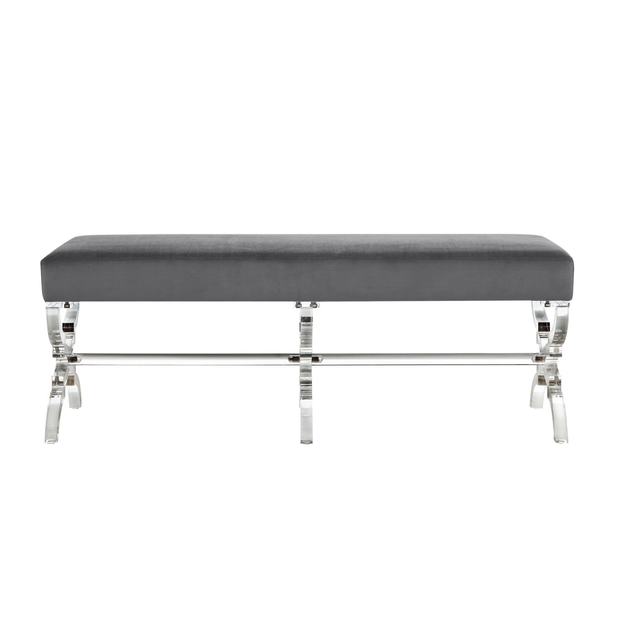 48" Gray And Clear Upholstered Velvet Bench