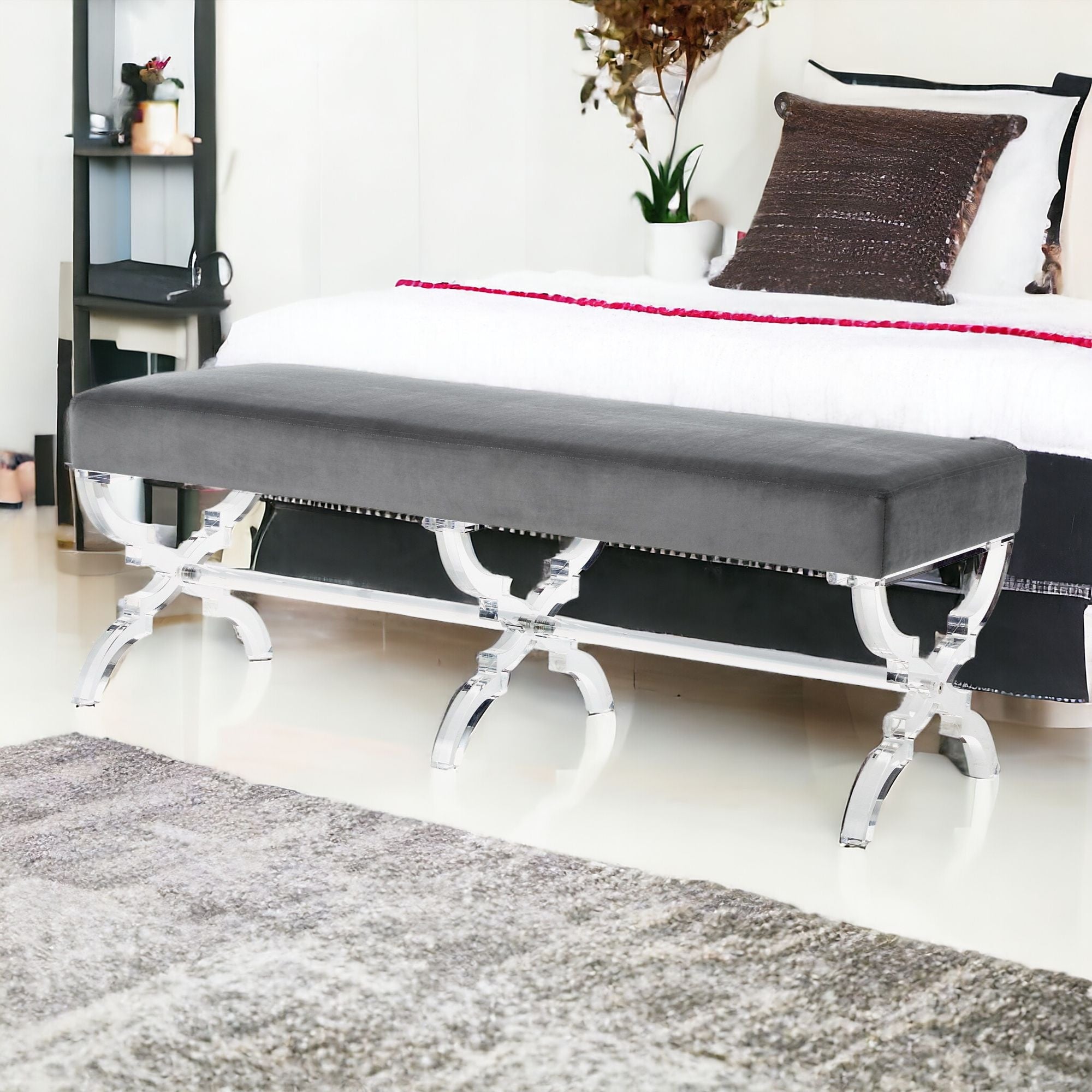 48" Gray And Clear Upholstered Velvet Bench