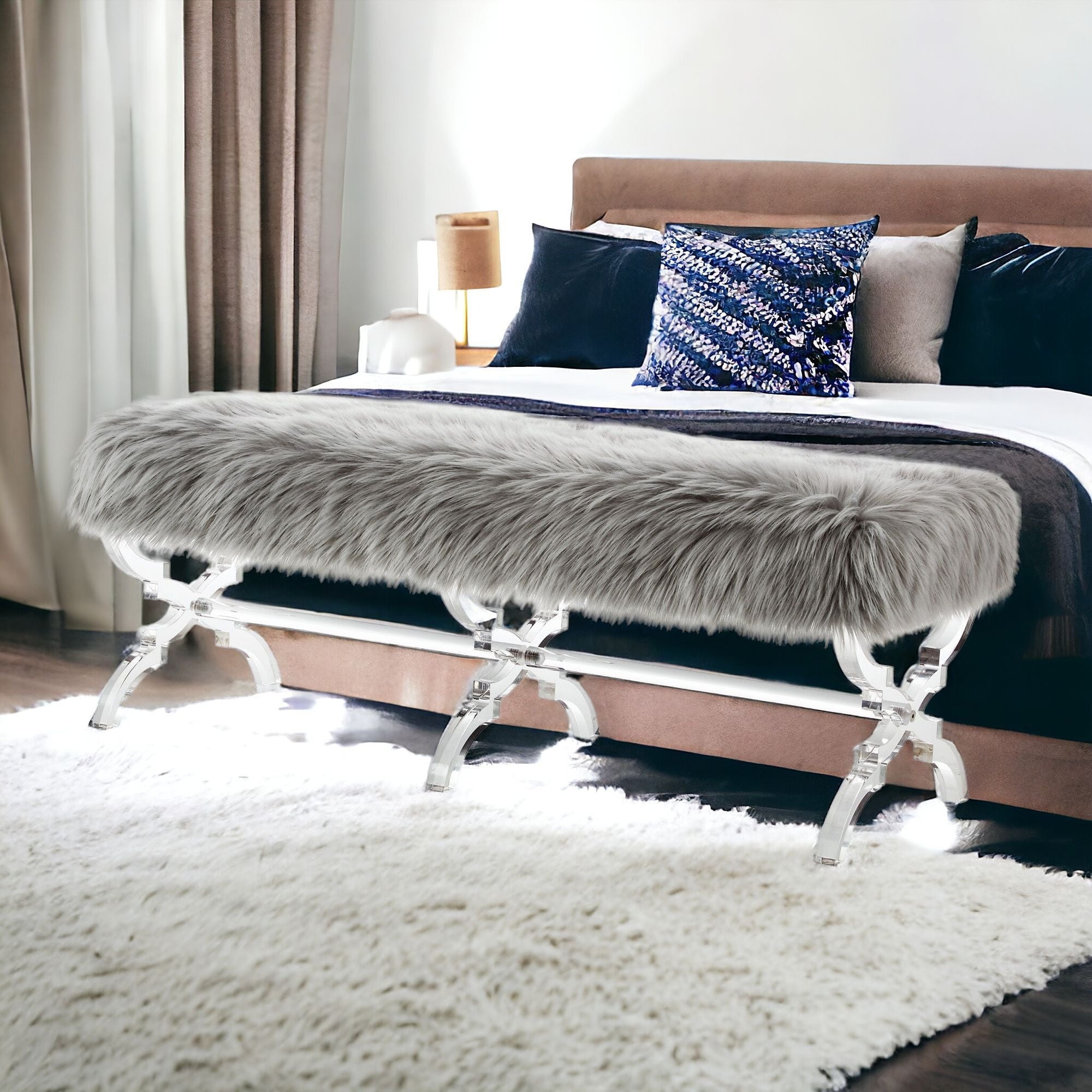 48" Gray And Clear Upholstered Faux Fur Bench