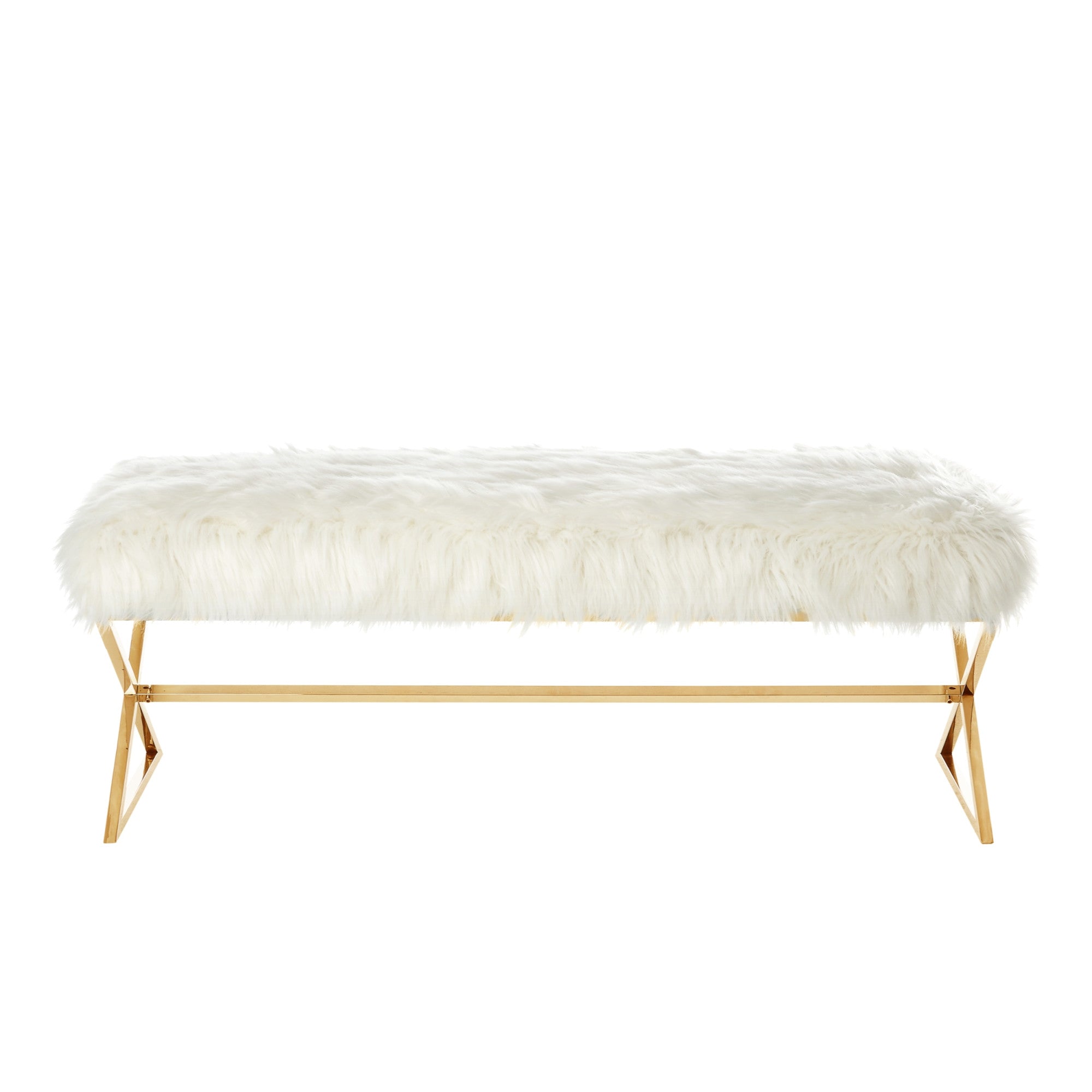 48" White And Gold Upholstered Faux Fur Bench