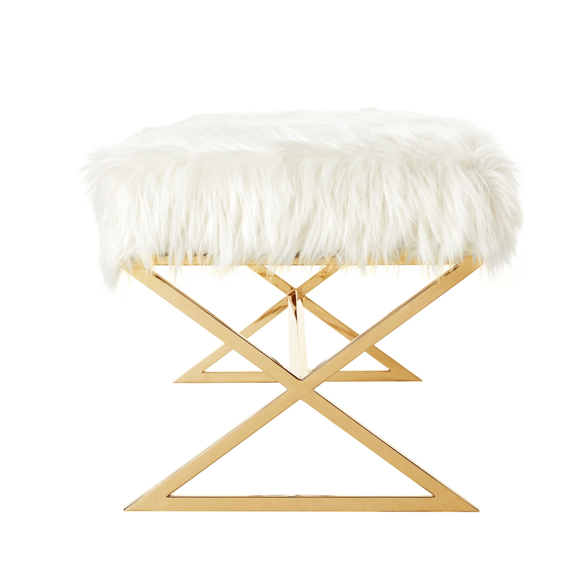 48" White And Gold Upholstered Faux Fur Bench