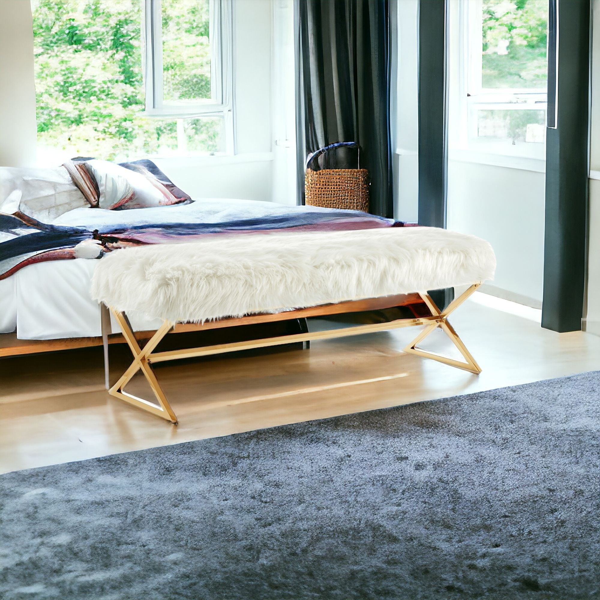 48" White And Gold Upholstered Faux Fur Bench