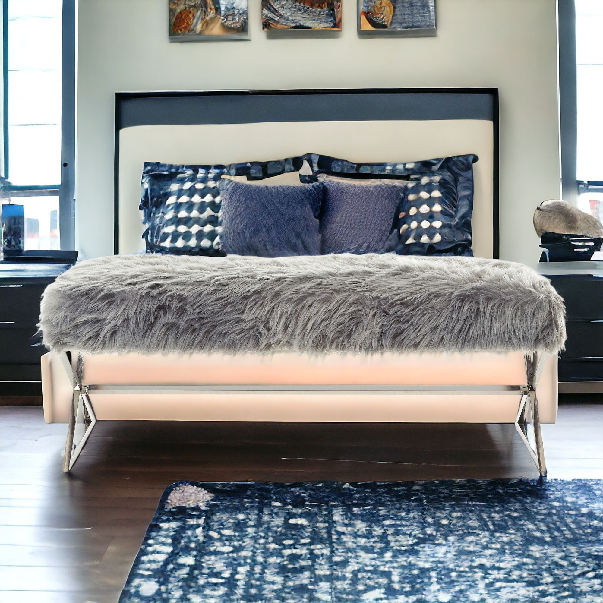 48" Gray And Silver Upholstered Faux Fur Bench