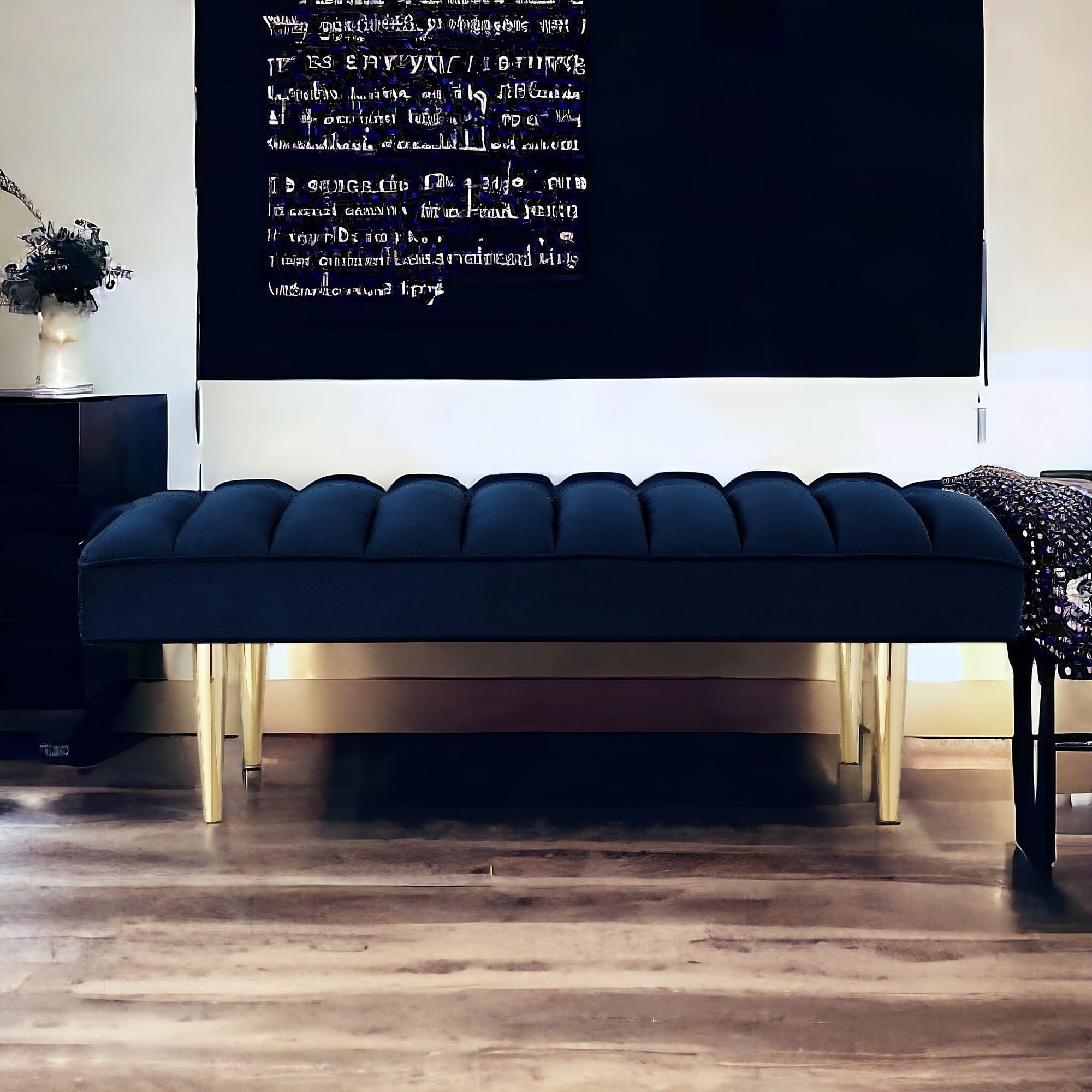 53" Navy Blue And Gold Upholstered Velvet Bench