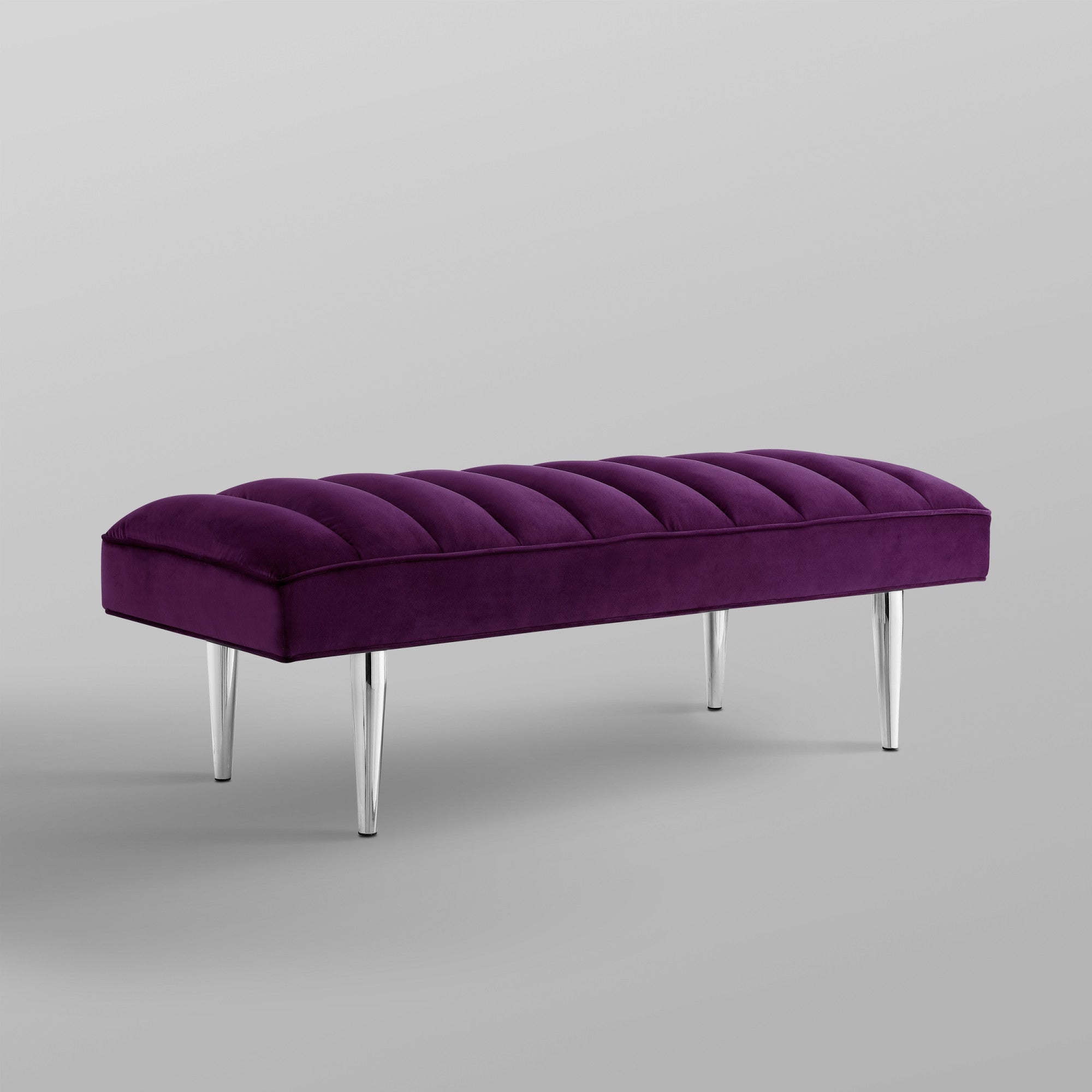 Purple And Silver Upholstered Velvet Bench 53"