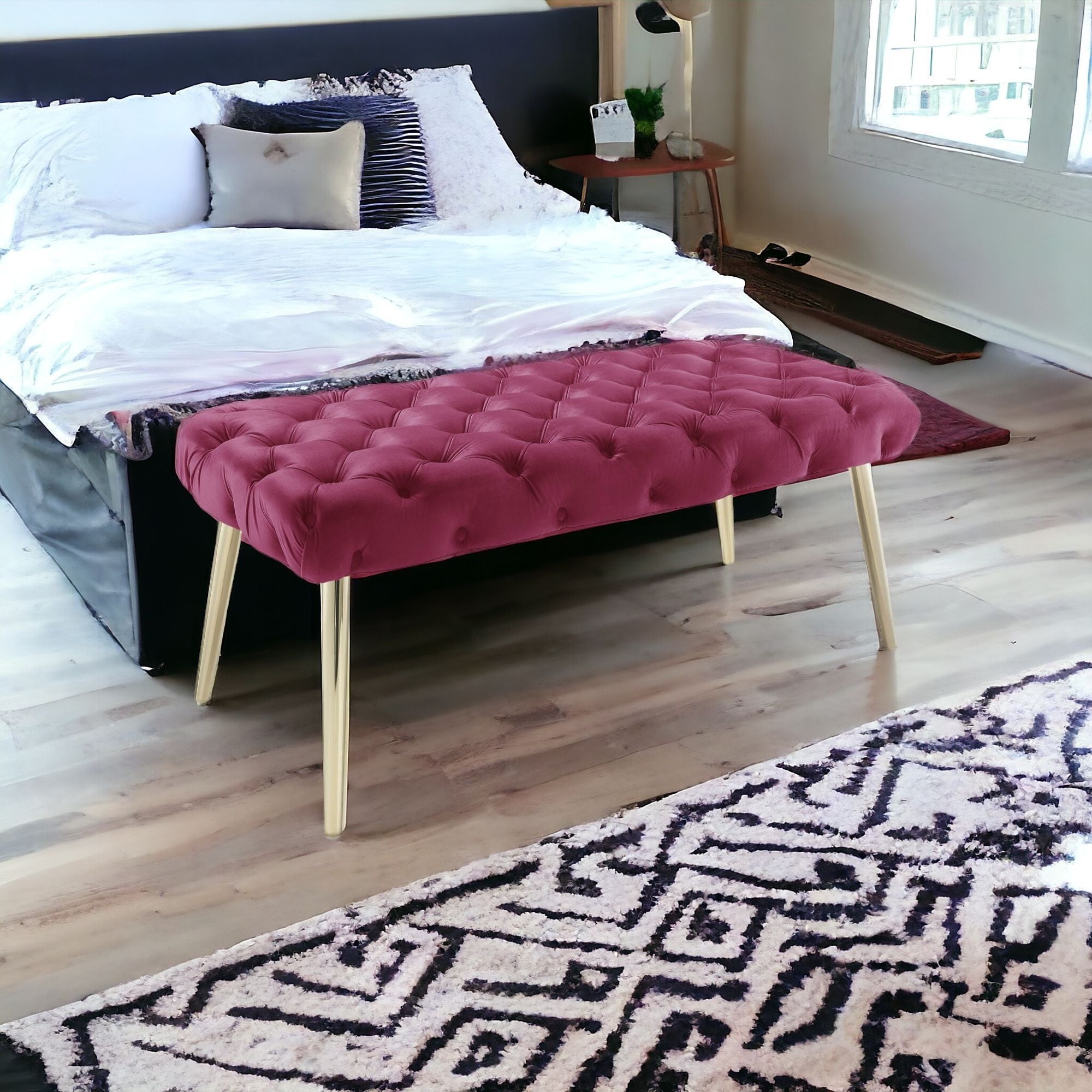 Fuchsia And Gold Upholstered Velvet Bench 48"