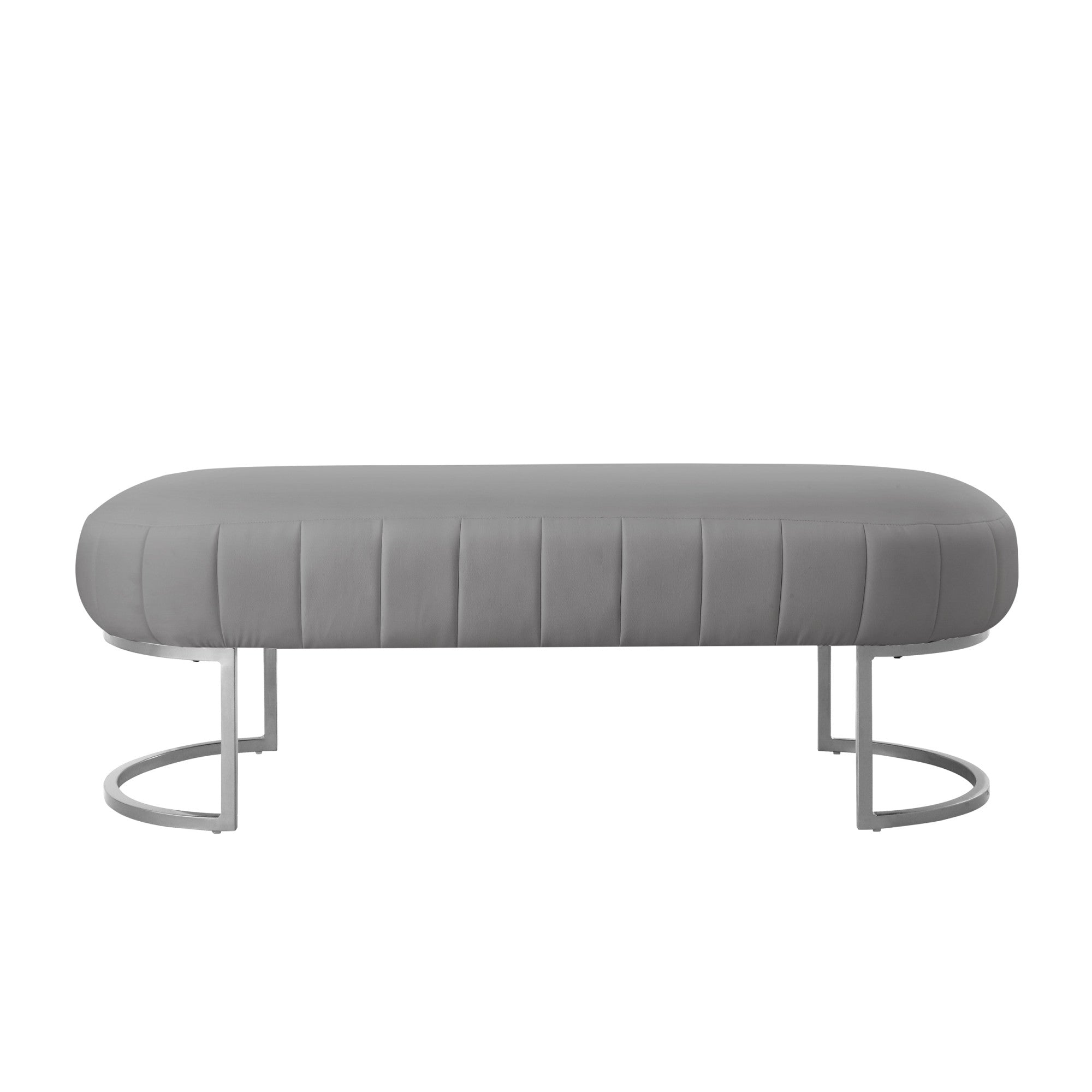 53" Gray And Silver Upholstered Faux Leather Bench