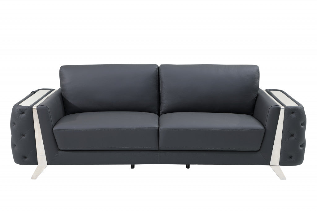 90" Dark Gray Italian Leather And Chrome Standard Sofa