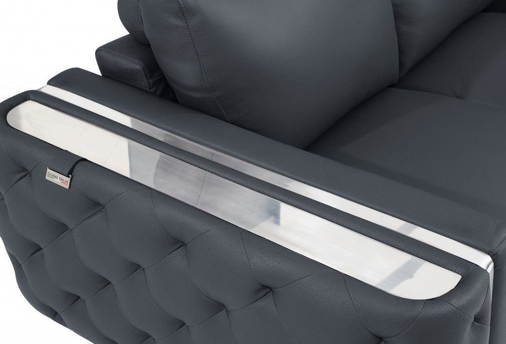 90" Dark Gray Italian Leather And Chrome Standard Sofa