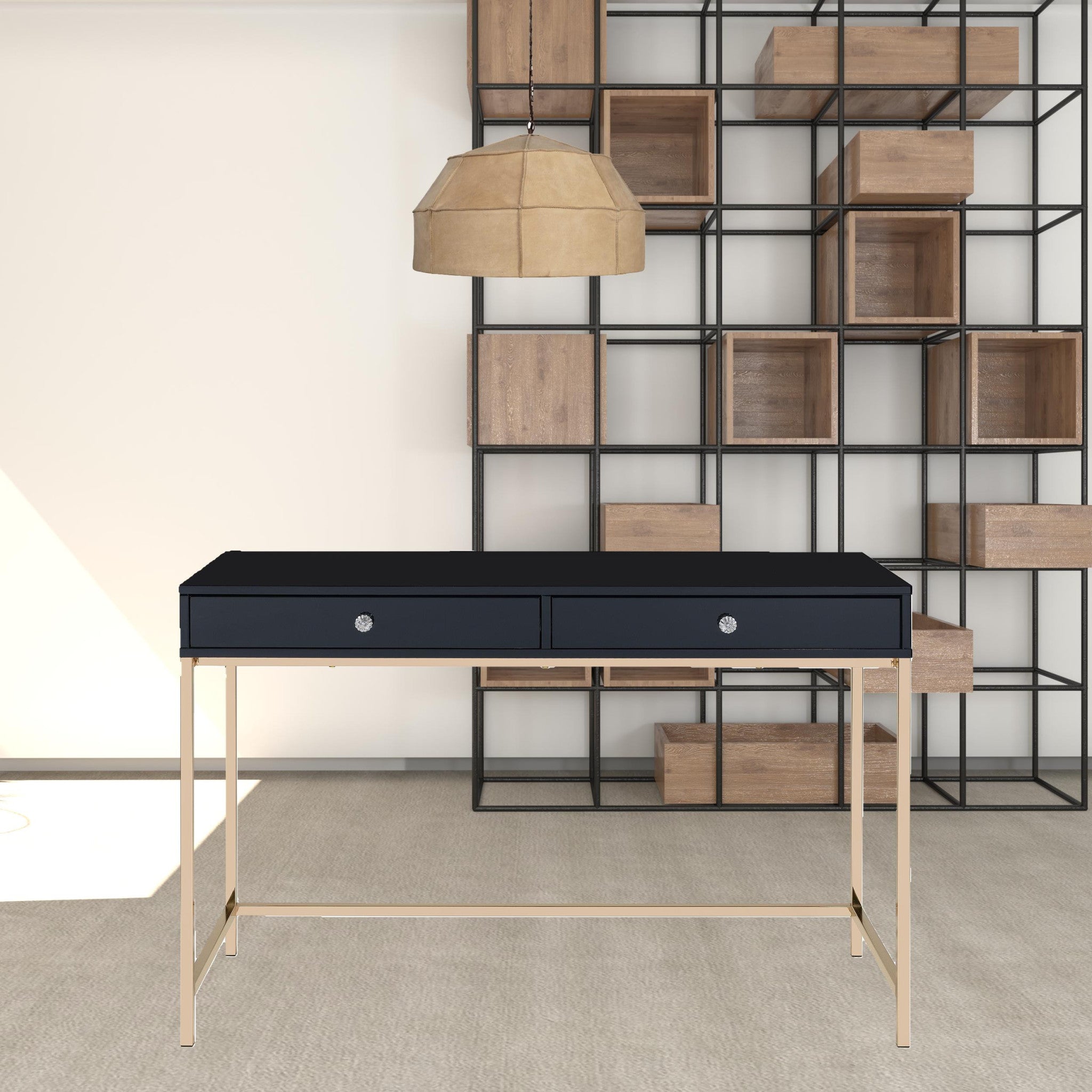 47" Black And Gold Wood Writing Desk With Two Drawers