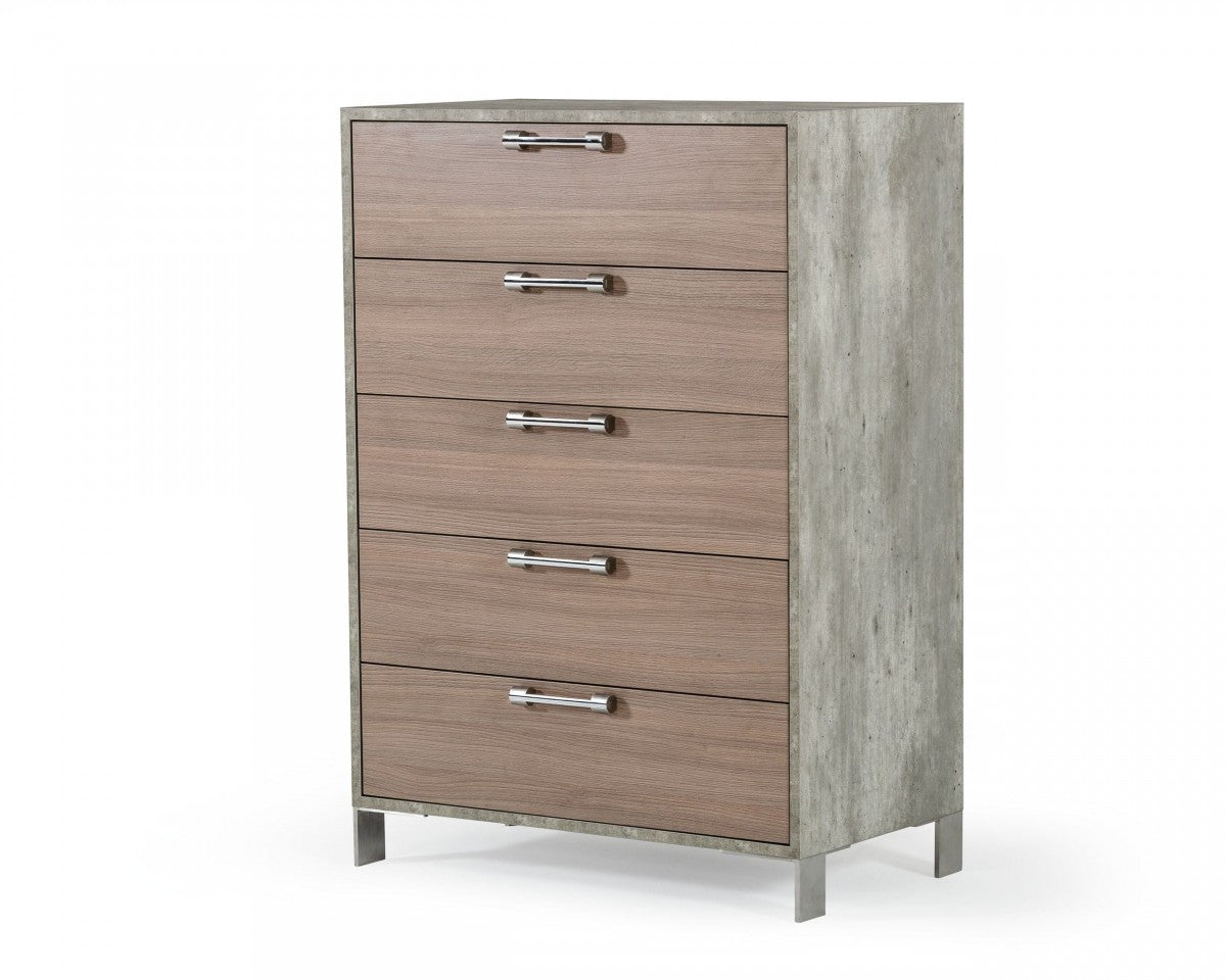 35" Brown Oak And Grey Solid And Manufactured Wood Five Drawer Standard Chest