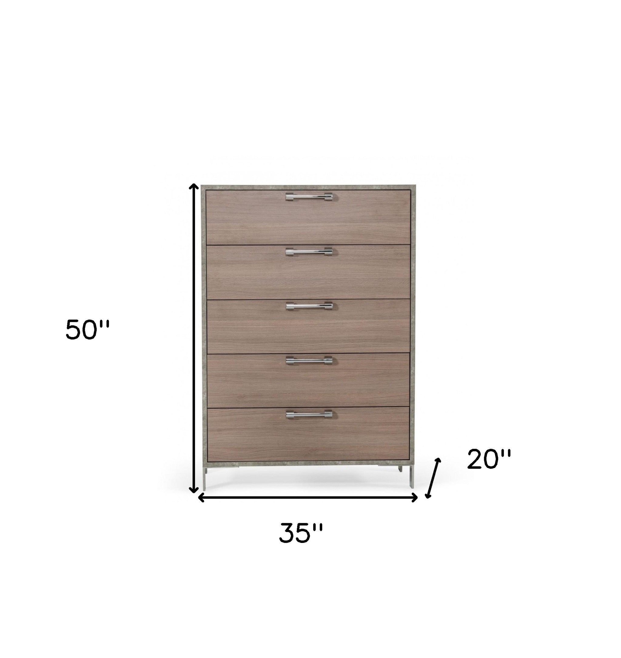 35" Brown Oak And Grey Solid And Manufactured Wood Five Drawer Standard Chest
