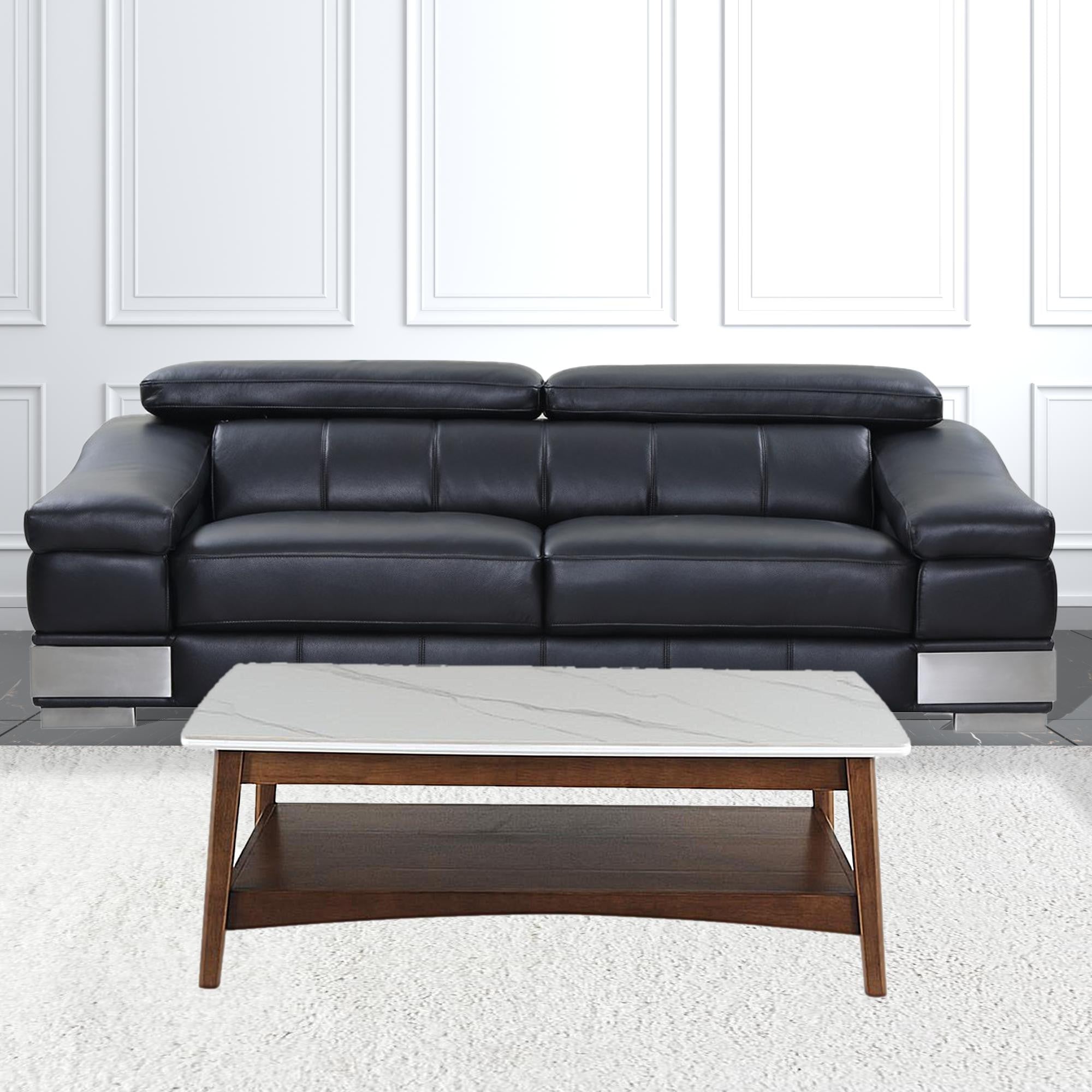 Mesa de centro rectangular con estante de nogal y piedra blanca de 48"