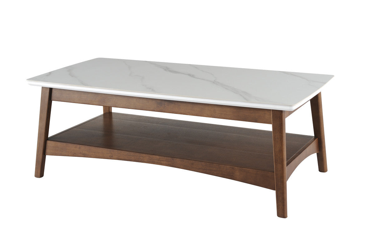 Mesa de centro rectangular con estante de nogal y piedra blanca de 48"
