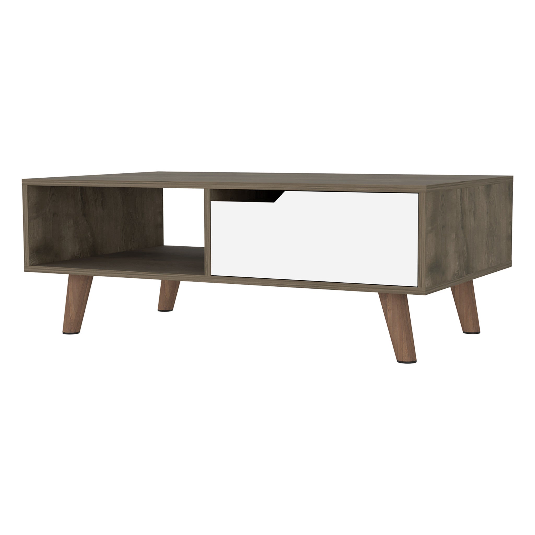Mesa de centro rectangular de madera natural y marrón oscuro y blanca de 40" con estante