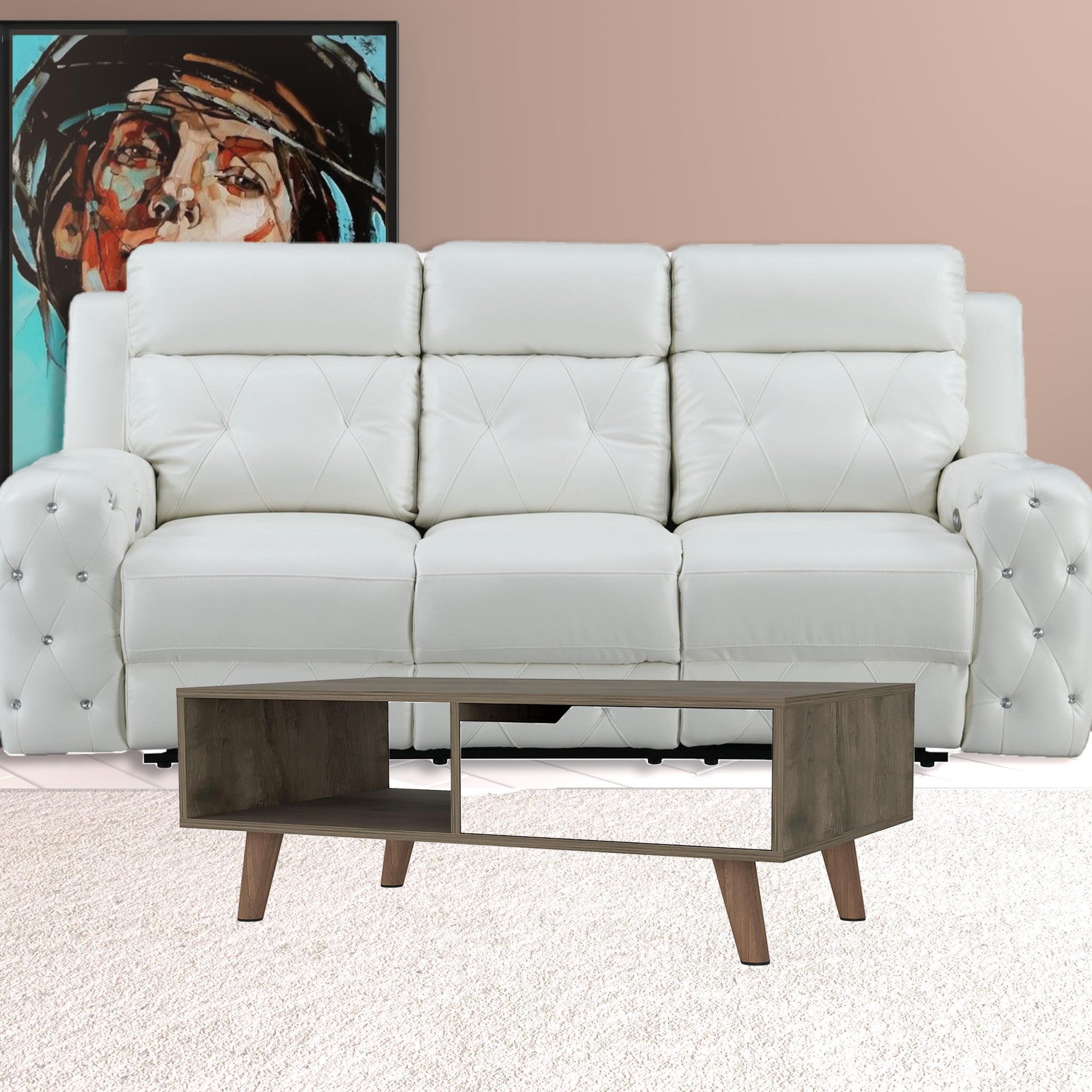 Mesa de centro rectangular de madera natural y marrón oscuro y blanca de 40" con estante