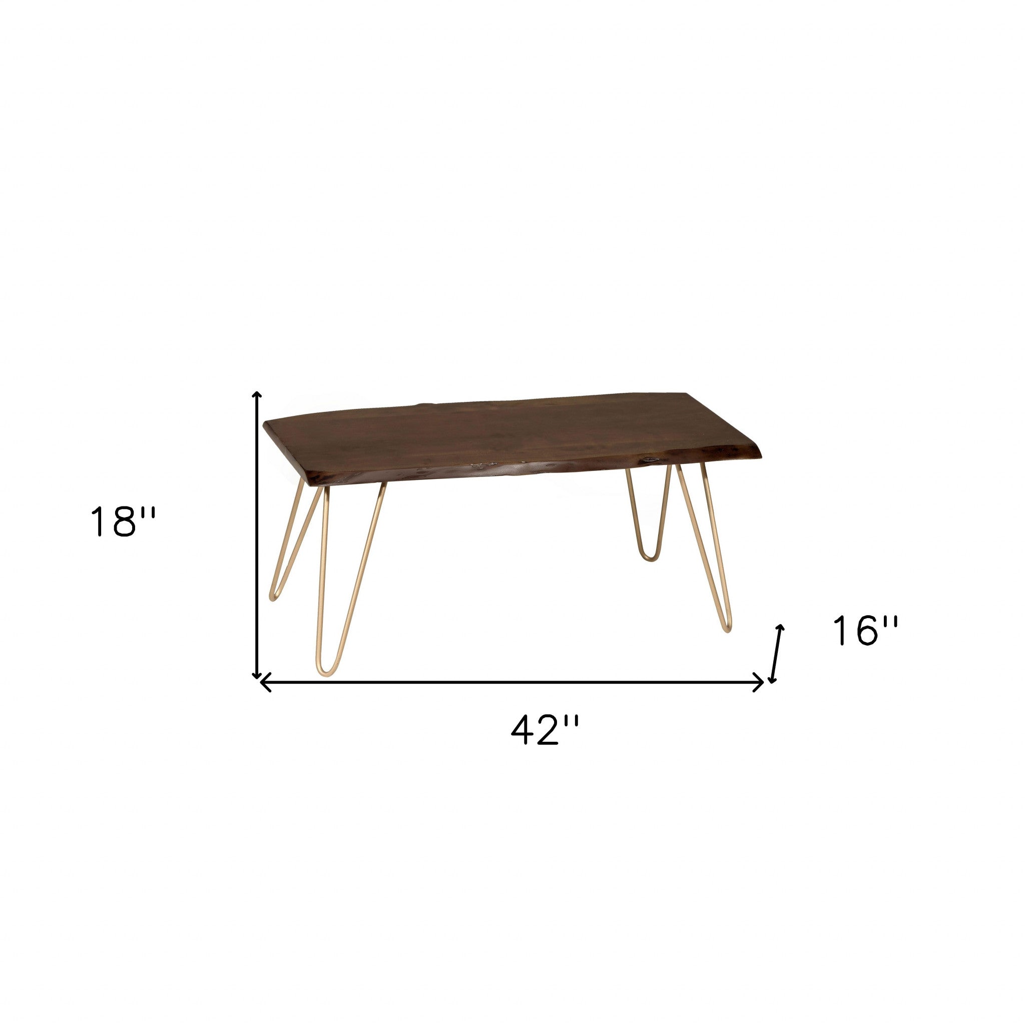 Mesa de centro rectangular de borde vivo de madera maciza marrón rústica y dorada de 42"