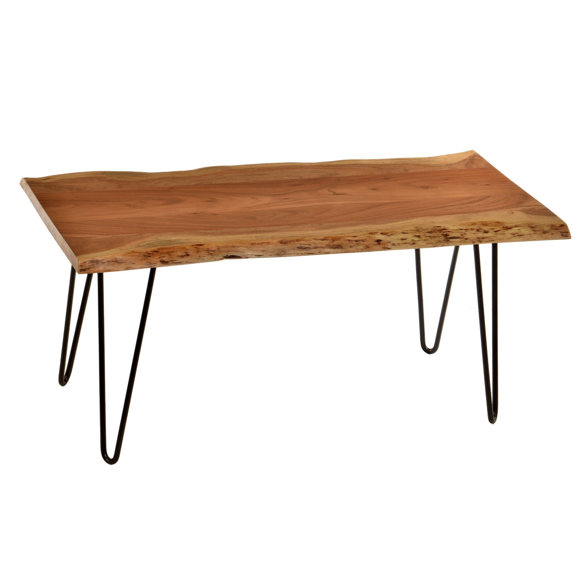 Mesa de centro rectangular de borde vivo de madera maciza negra y marrón natural de 42"