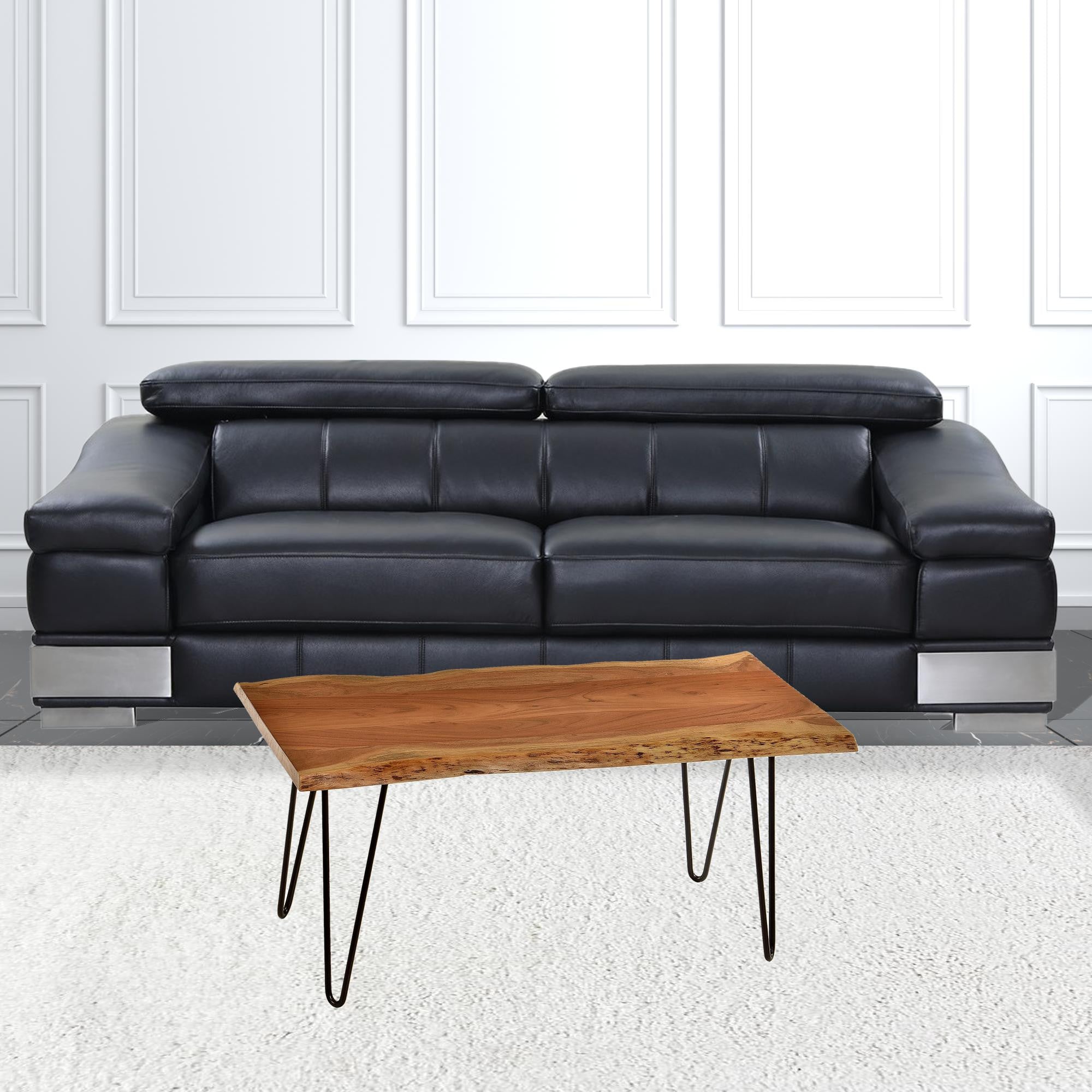 Mesa de centro rectangular de borde vivo de madera maciza negra y marrón natural de 42"