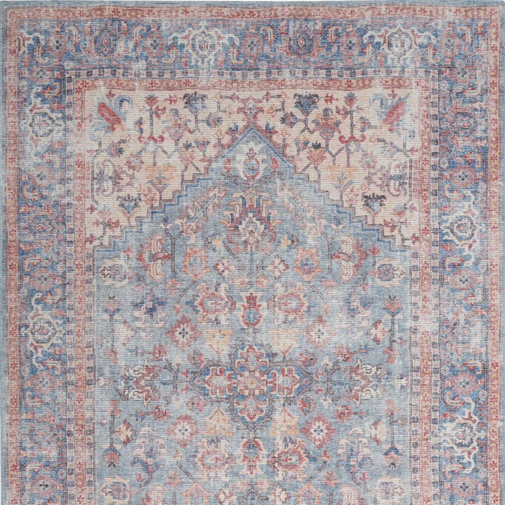 6' X 9' Blue And Orange Medallion Distressed Washable Area Rug