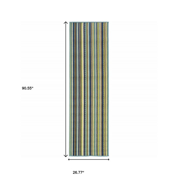 Blue Striped Stain Resistant Indoor Outdoor Area Rug - 2' x 8'