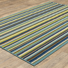 5' X 8' Blue Striped Stain Resistant Indoor Outdoor Area Rug