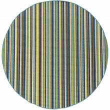 8' Round Blue Round Striped Stain Resistant Indoor Outdoor Area Rug