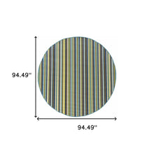 8' Round Blue Round Striped Stain Resistant Indoor Outdoor Area Rug