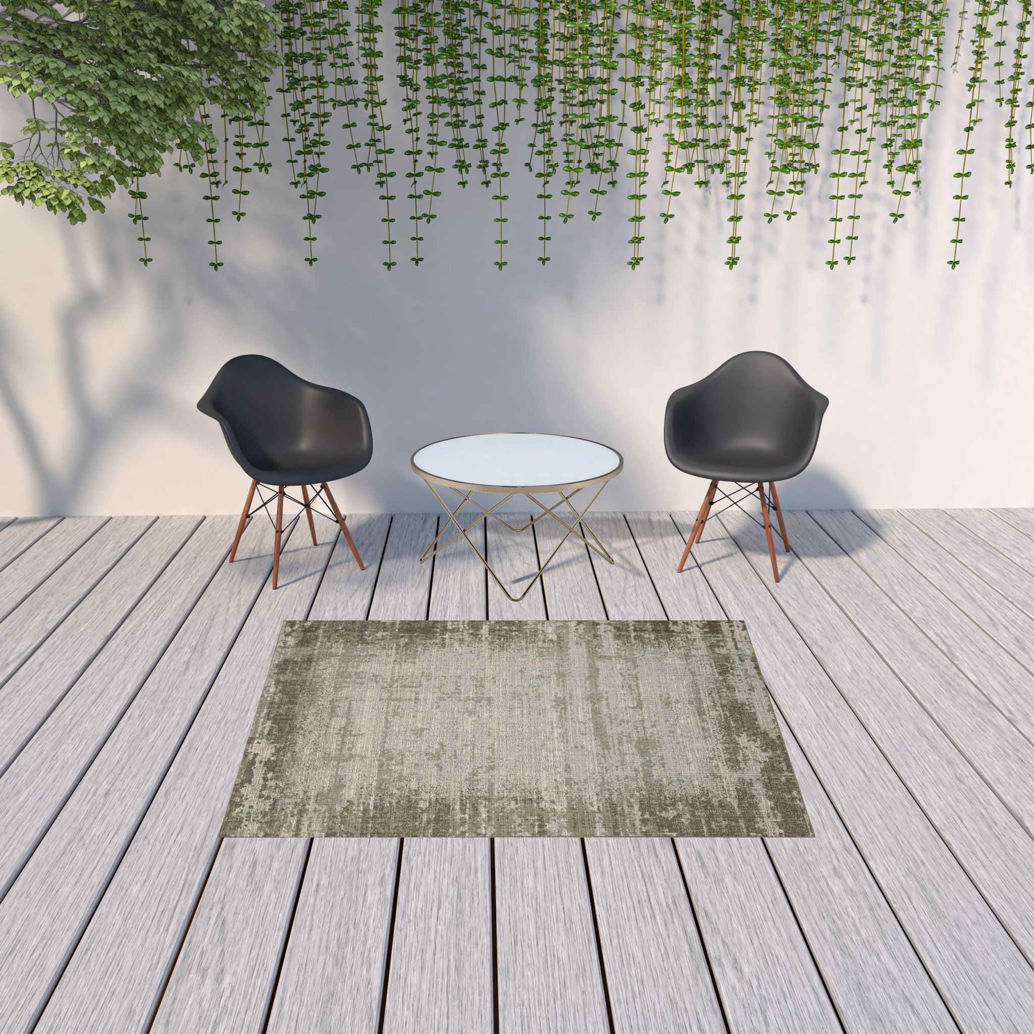 5' X 8' Green Abstract Stain Resistant Indoor Outdoor Area Rug