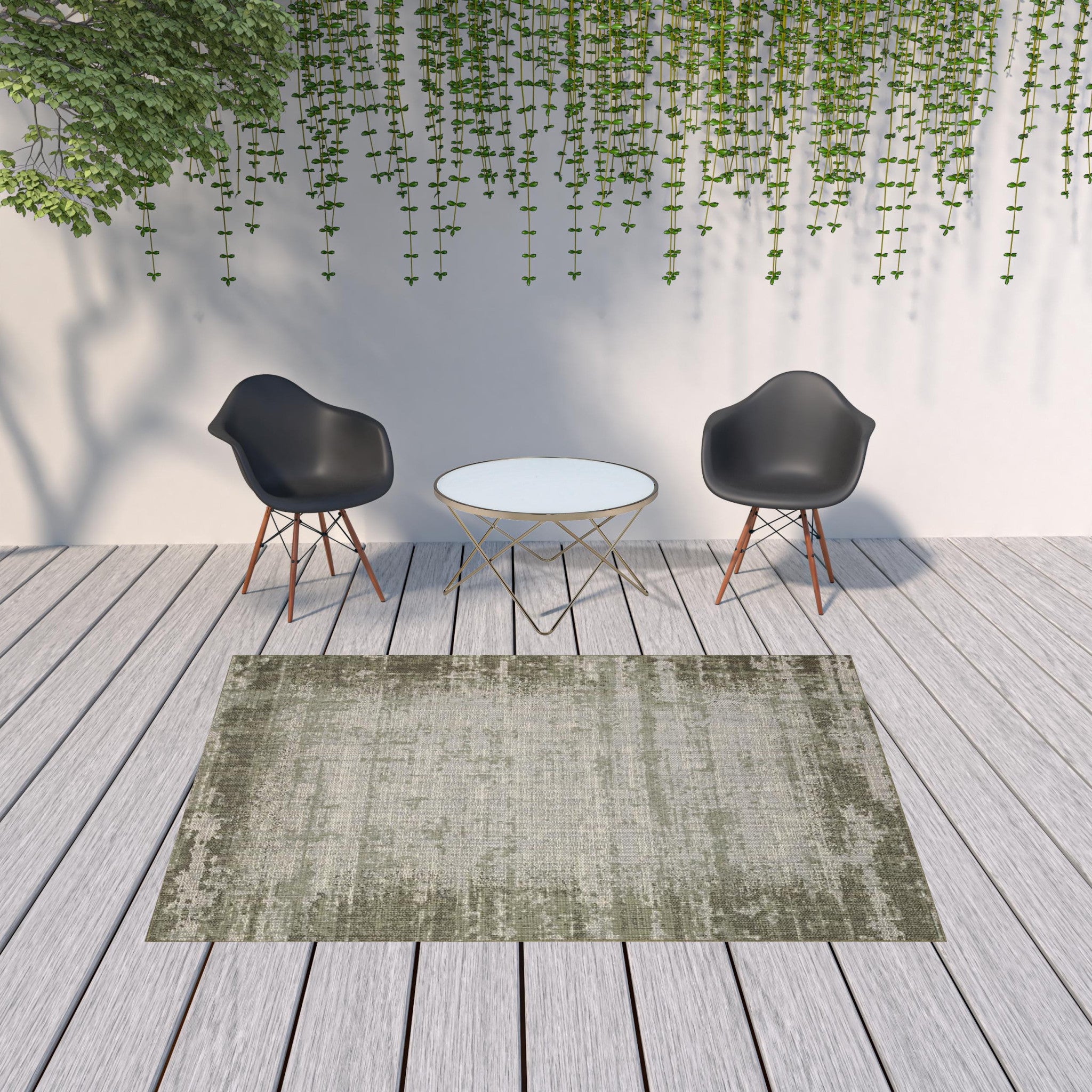 6' X 9' Green Abstract Stain Resistant Indoor Outdoor Area Rug
