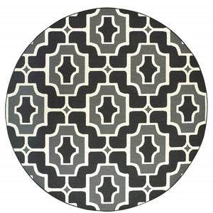 8' Black Round Geometric Stain Resistant Indoor Outdoor Area Rug