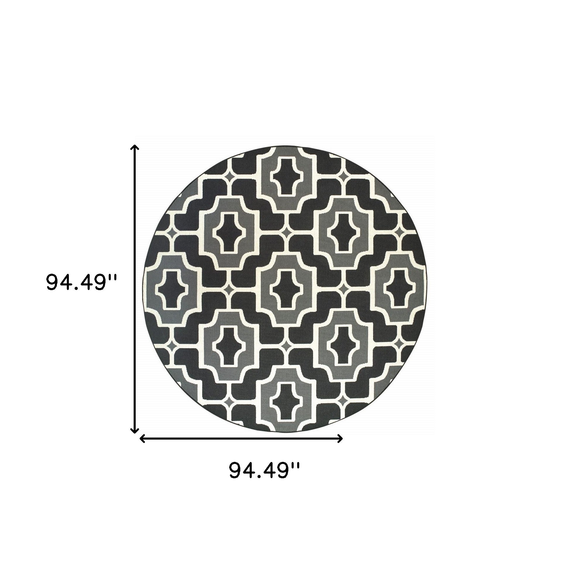 8' Black Round Geometric Stain Resistant Indoor Outdoor Area Rug