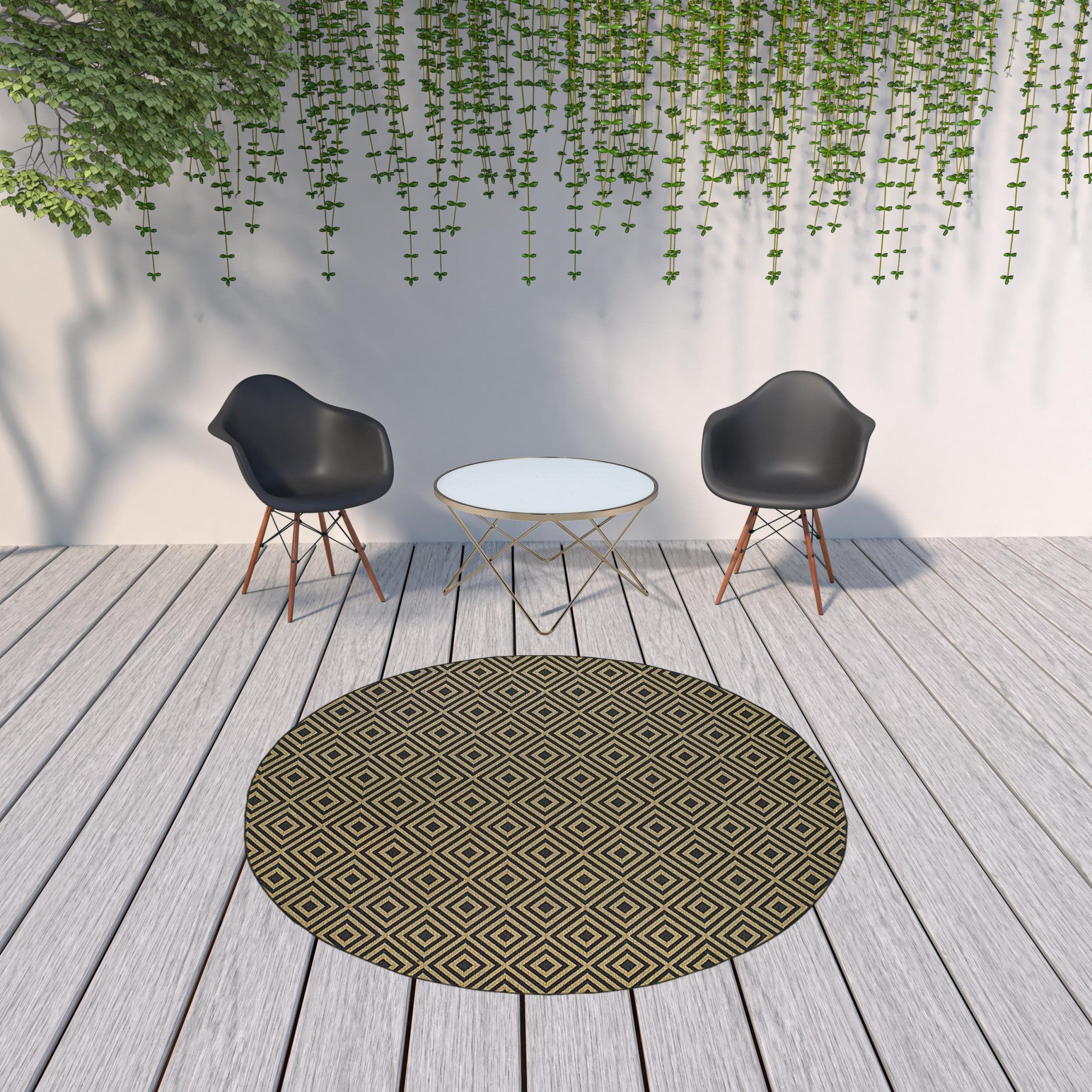 Round Black Round Geometric Stain Resistant Indoor Outdoor Area Rug 8'