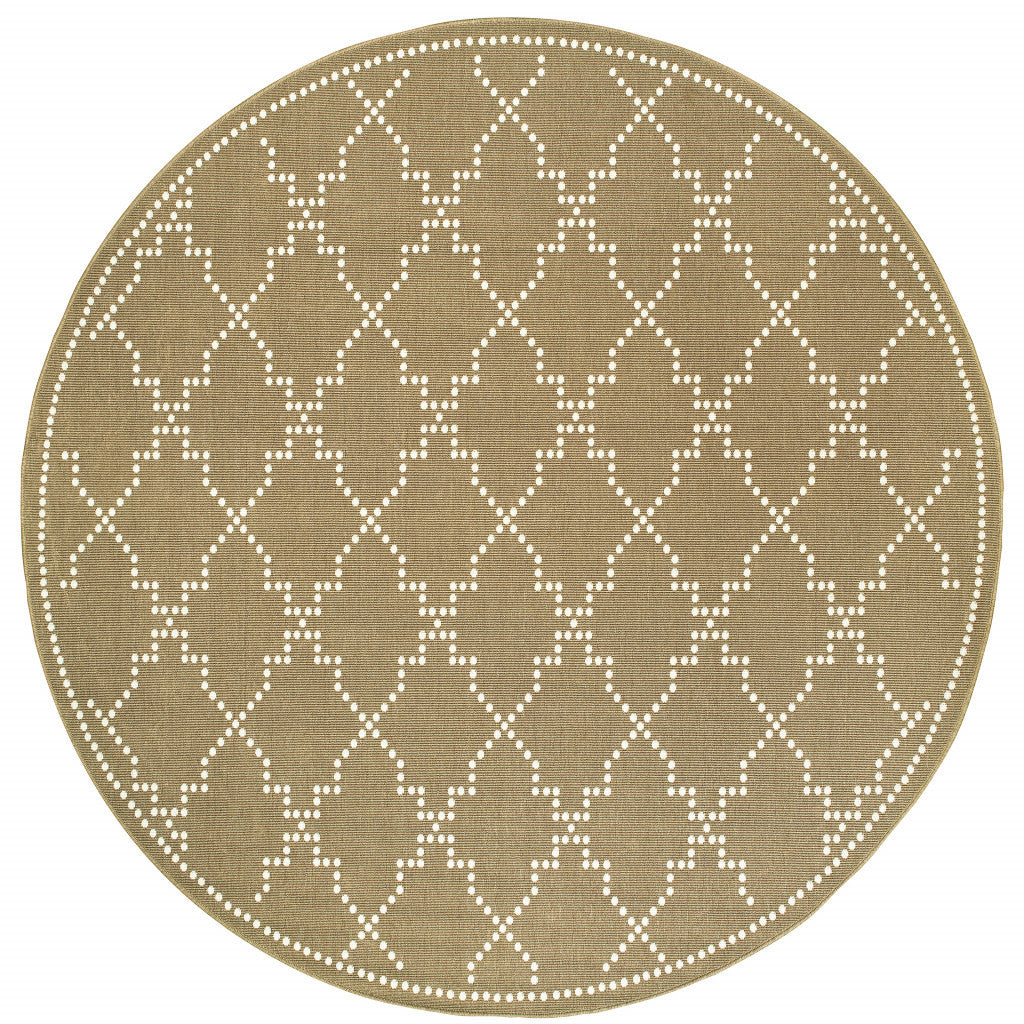 8' Tan Round Geometric Stain Resistant Indoor Outdoor Area Rug