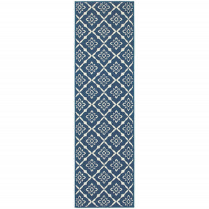 2' X 8' Navy Floral Stain Resistant Indoor Outdoor Area Rug